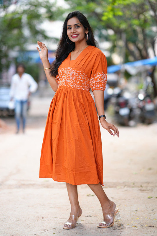 Orange Color Designer Frock in Cotton