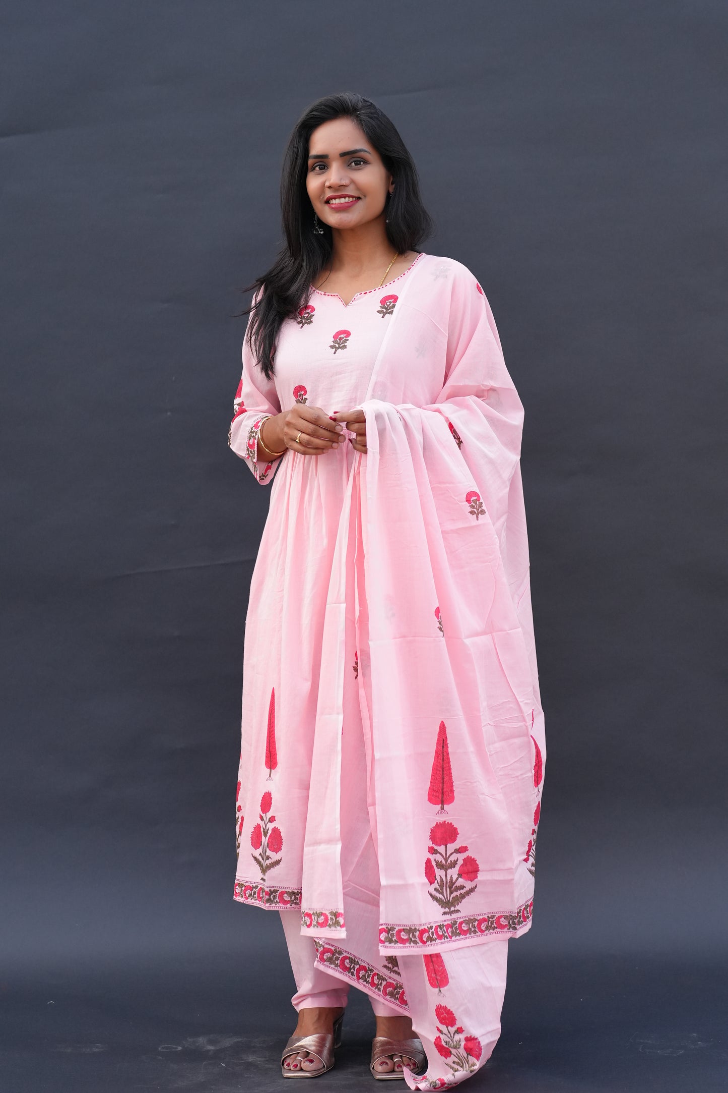 Peach Color Mul Cotton A Line 3 Piece Set with Block Printing and Complete Lining