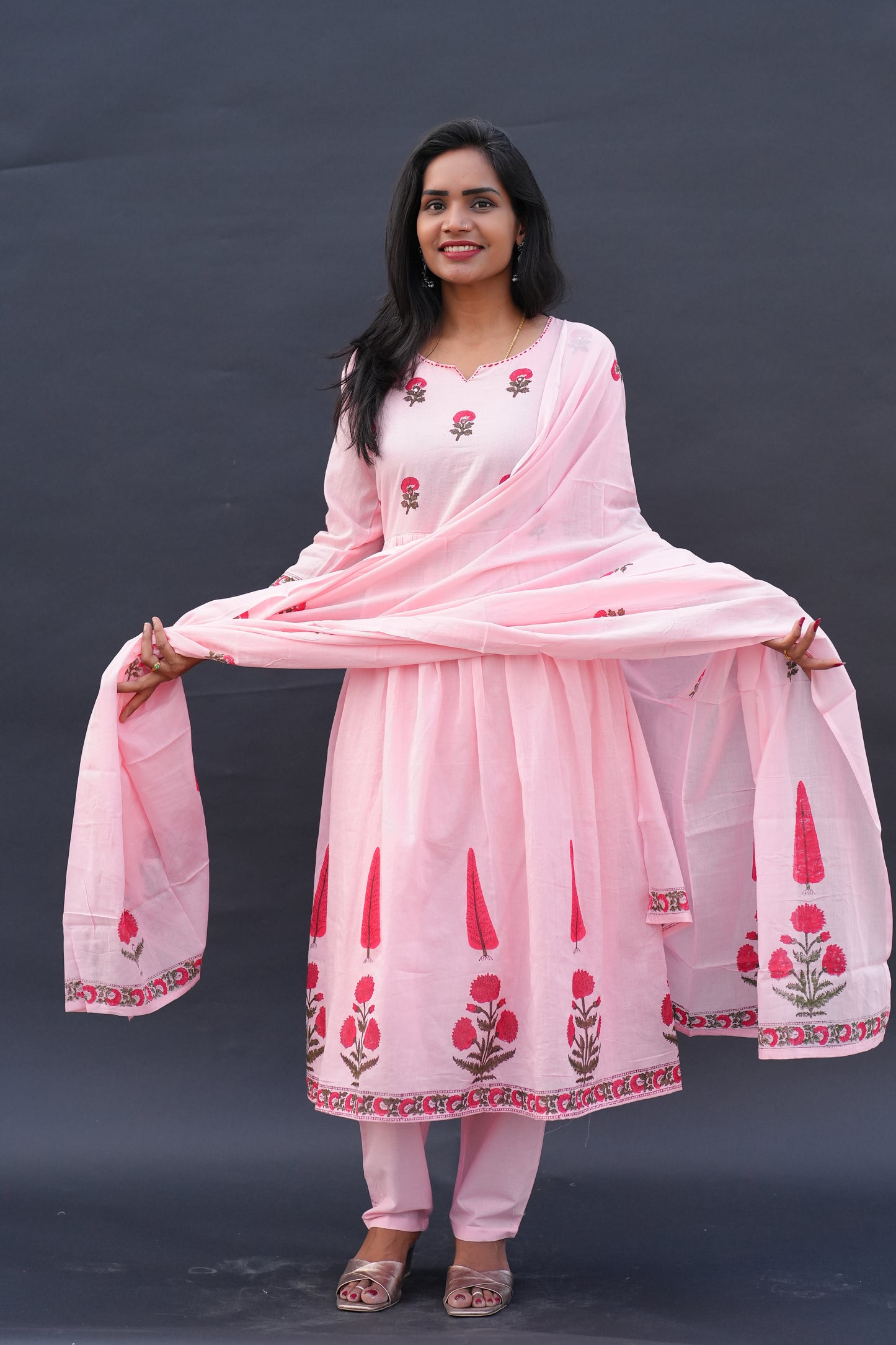 Peach Color Mul Cotton A Line 3 Piece Set with Block Printing and Complete Lining