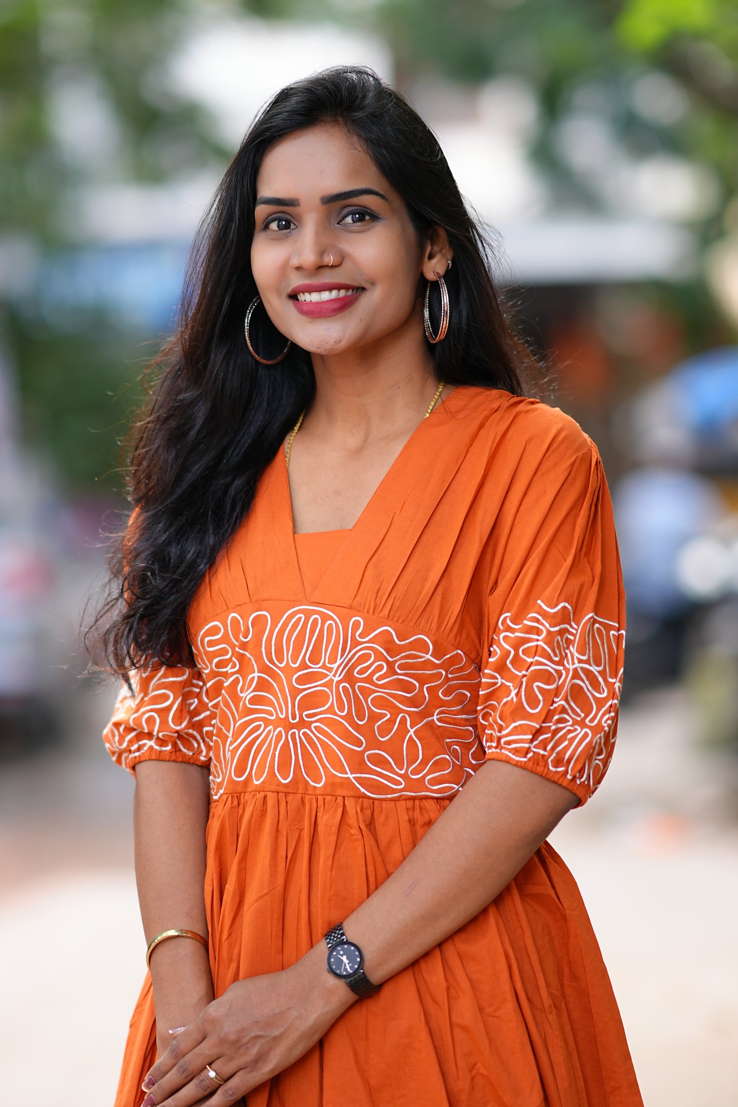 Orange Color Designer Frock in Cotton