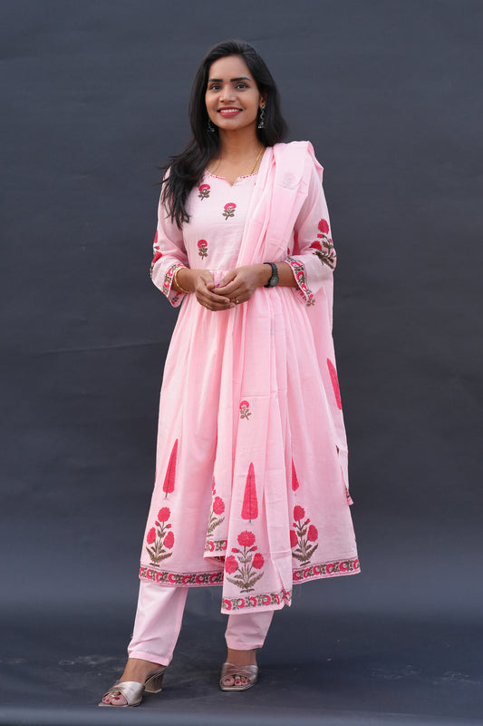 Peach Color Mul Cotton A Line 3 Piece Set with Block Printing and Complete Lining