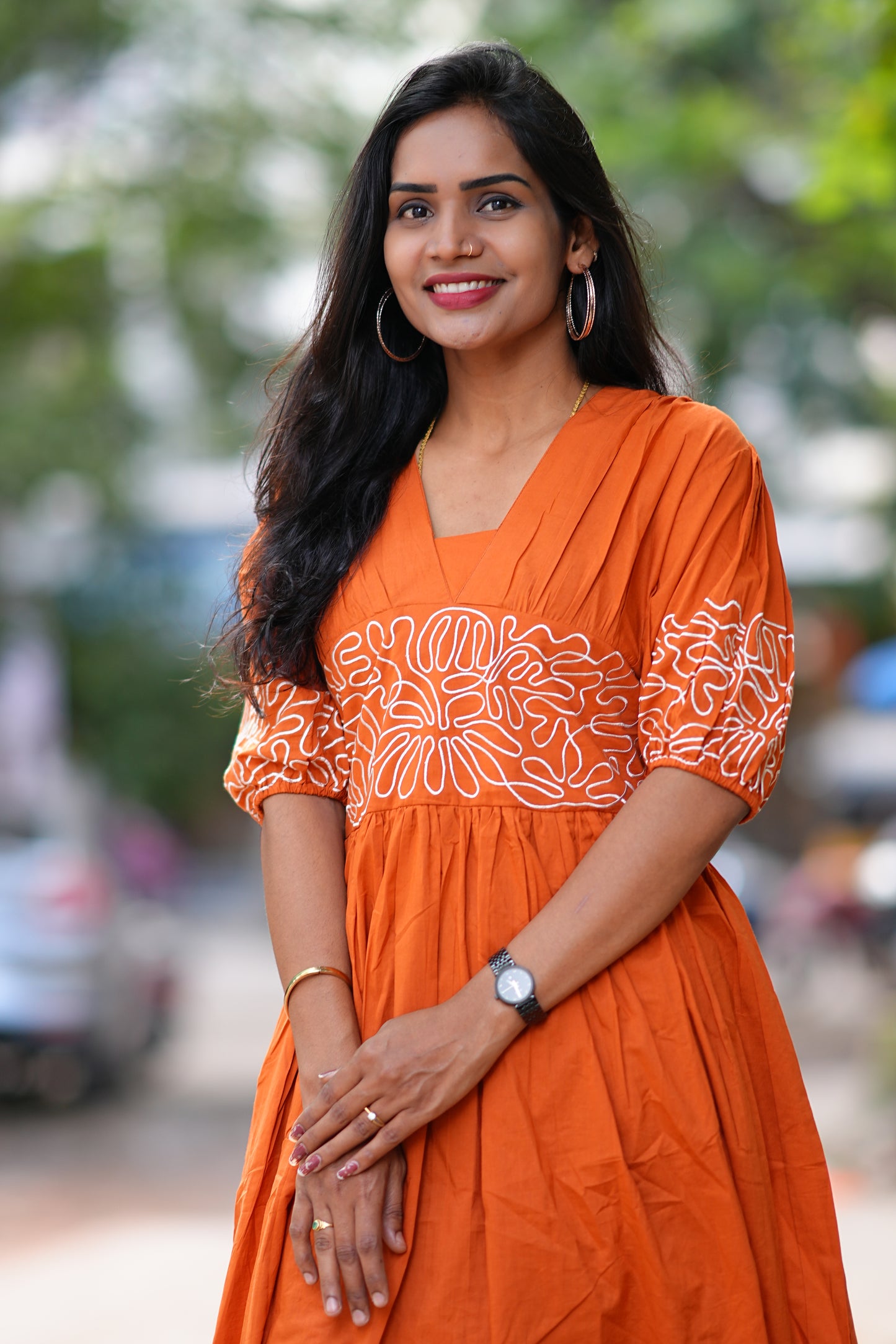 Orange Color Designer Frock in Cotton