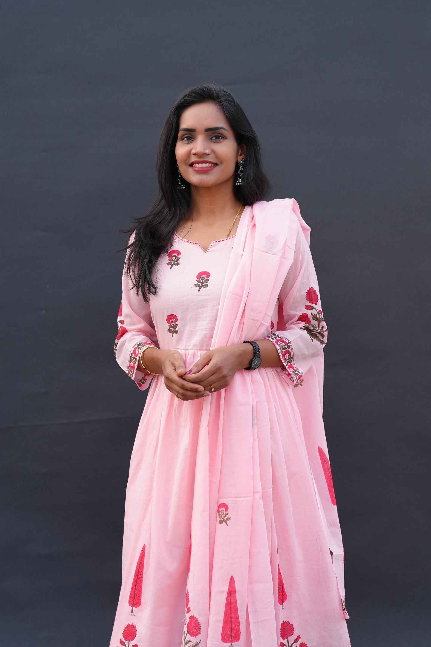 Peach Color Mul Cotton A Line 3 Piece Set with Block Printing and Complete Lining