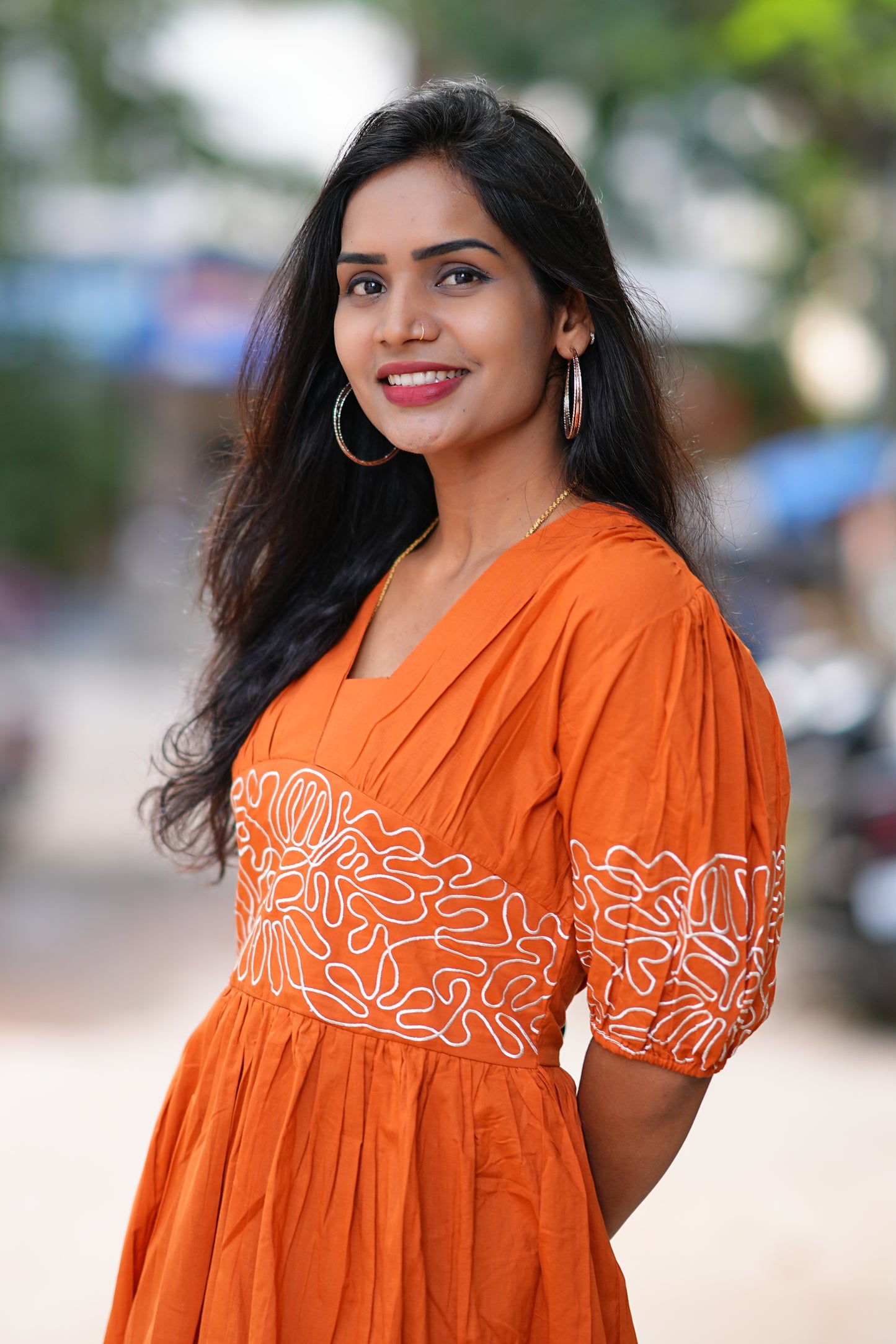 Orange Color Designer Frock in Cotton