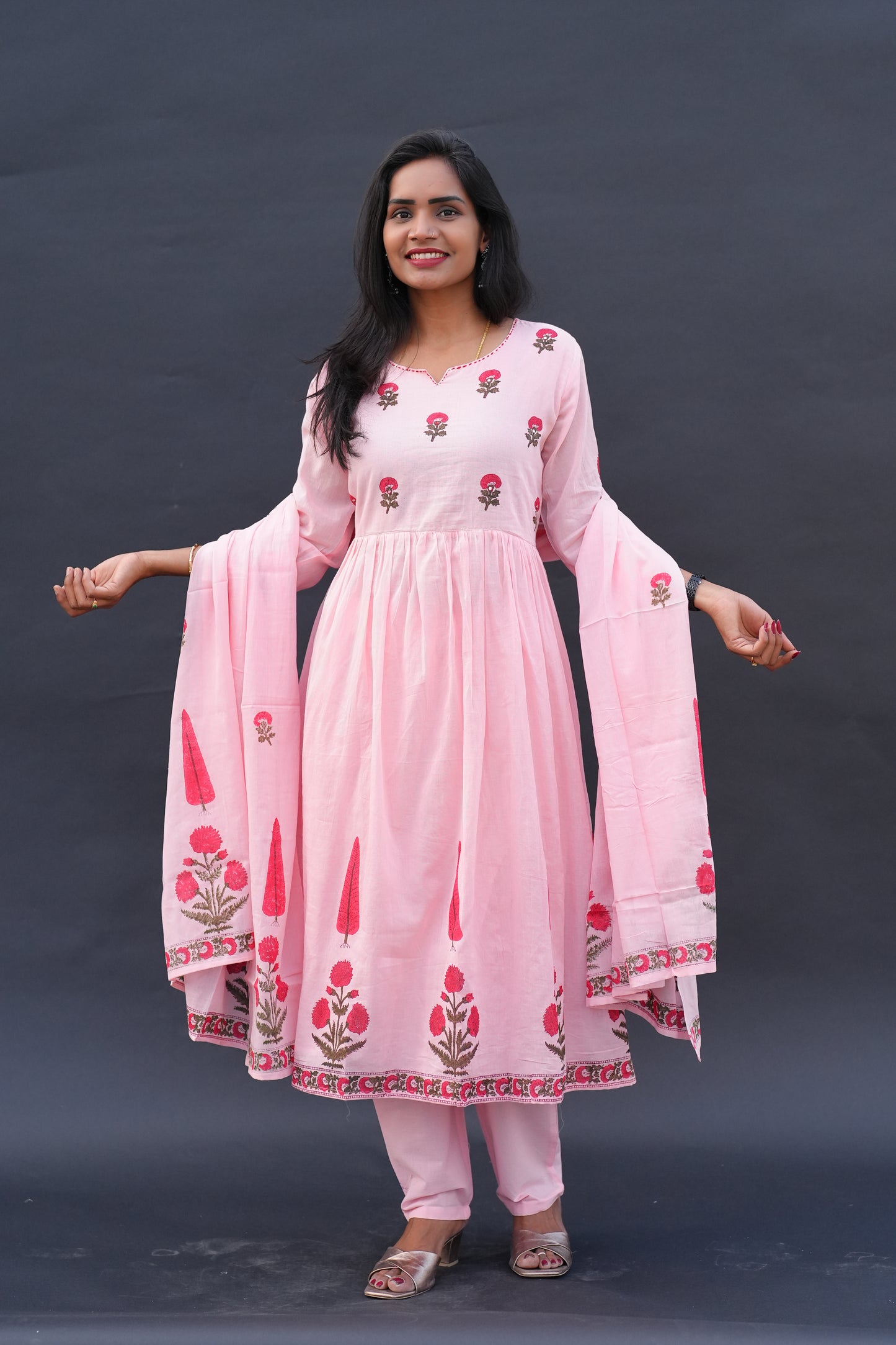 Peach Color Mul Cotton A Line 3 Piece Set with Block Printing and Complete Lining