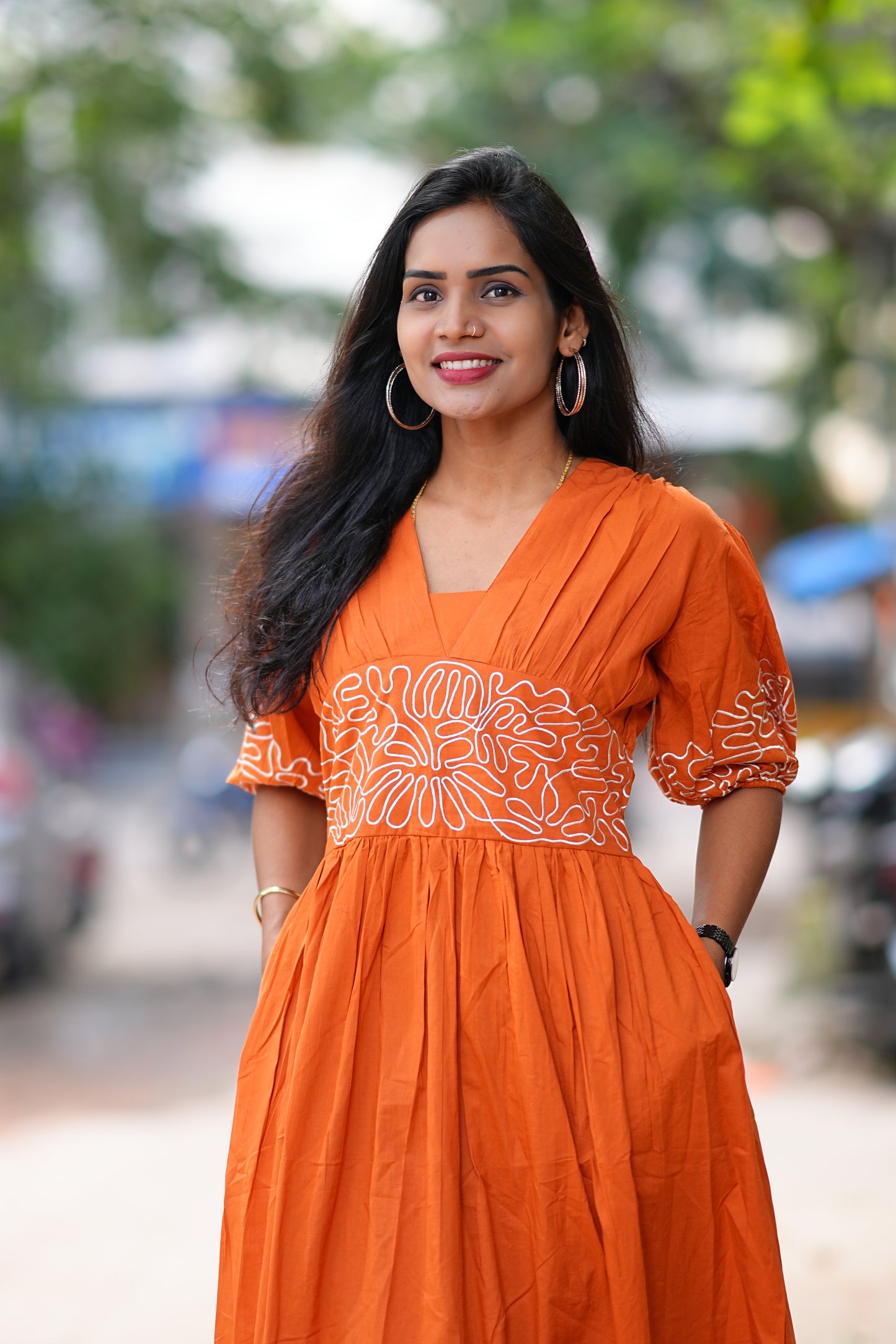 Orange Color Designer Frock in Cotton
