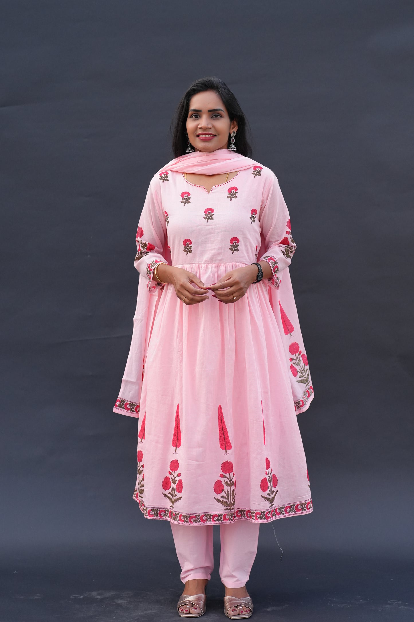 Peach Color Mul Cotton A Line 3 Piece Set with Block Printing and Complete Lining