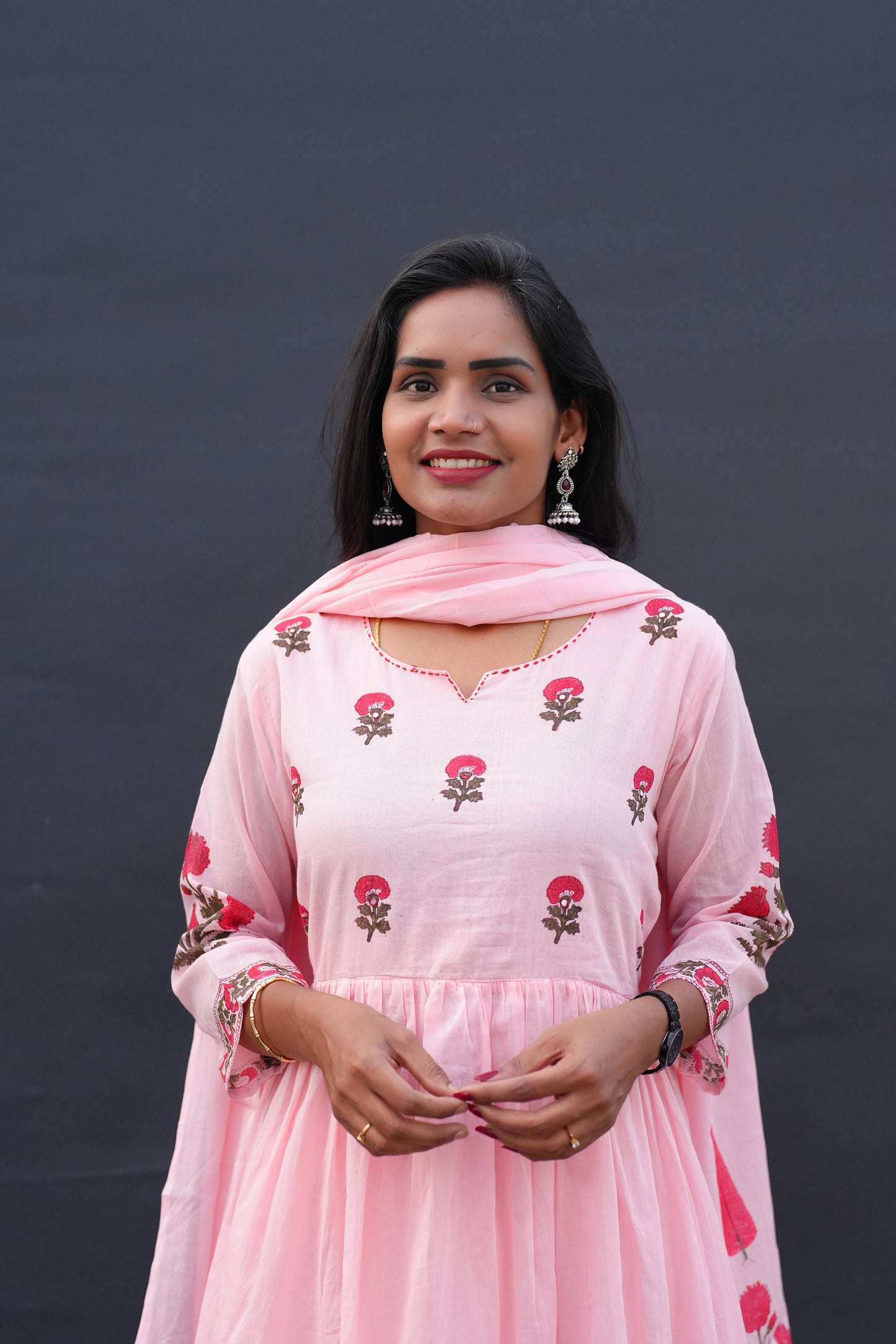 Peach Color Mul Cotton A Line 3 Piece Set with Block Printing and Complete Lining