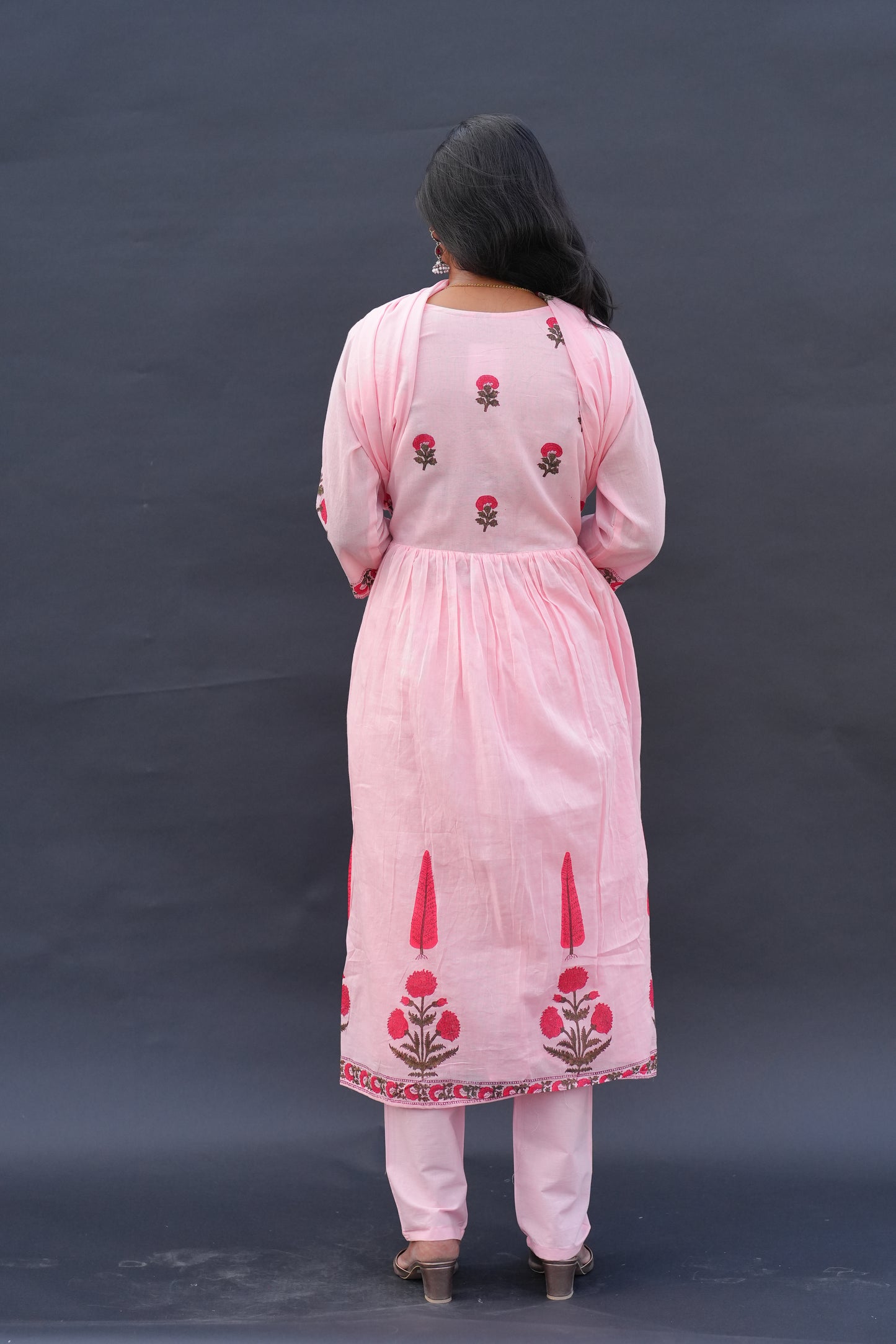 Peach Color Mul Cotton A Line 3 Piece Set with Block Printing and Complete Lining
