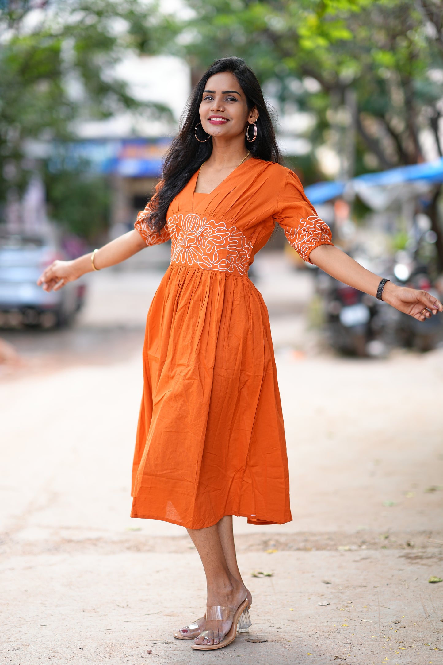 Orange Color Designer Frock in Cotton