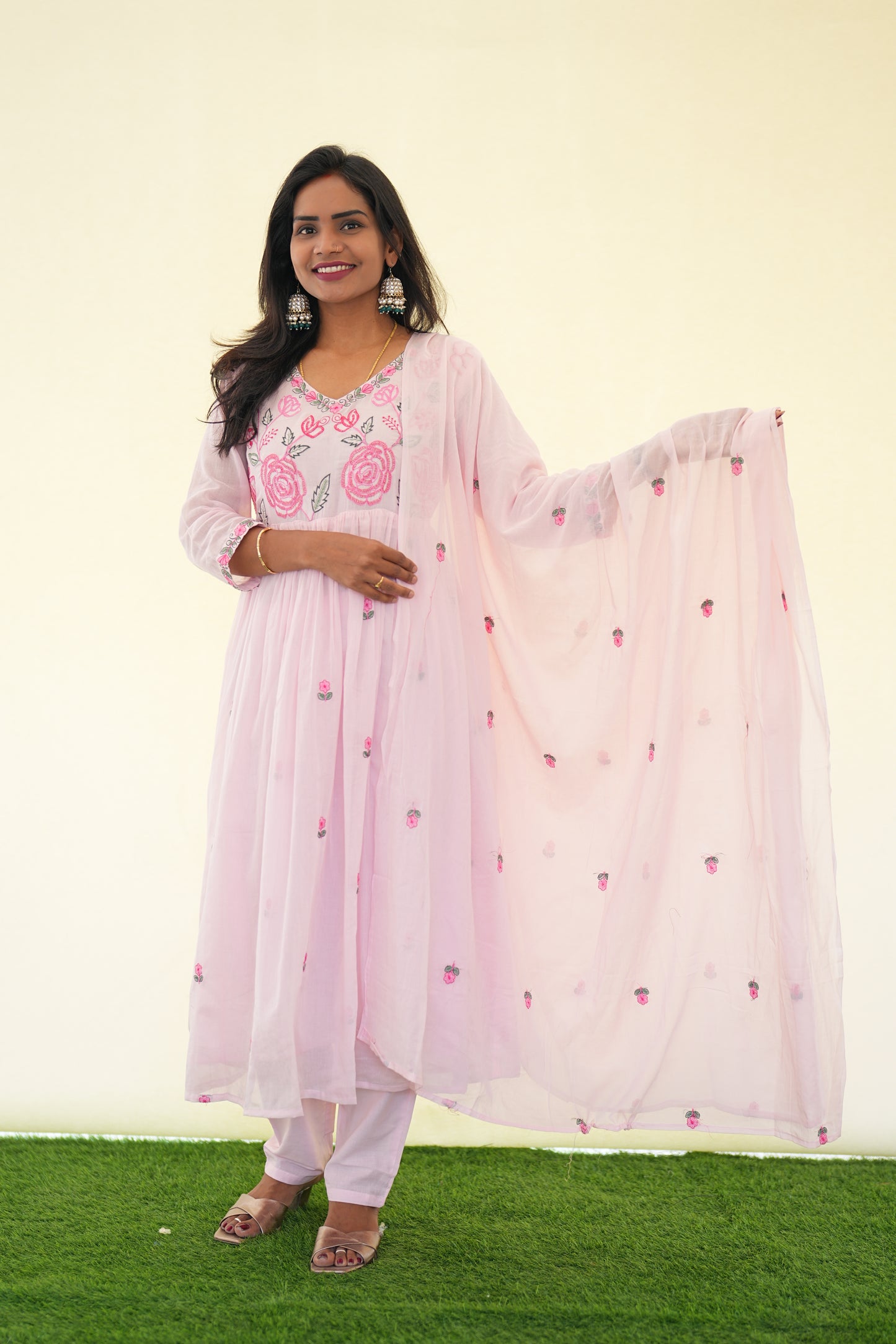 Pink Color Mul Cotton 3 Piece Set with Complete Lining and embroidery Work