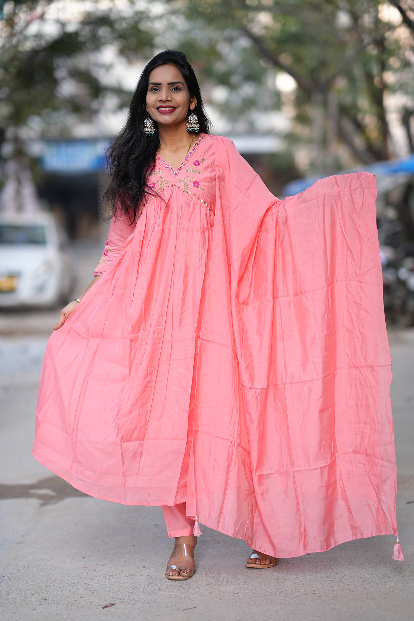 Peach Color Mul Chanderi Festive Wear 3 Piece Set With With Full Lining