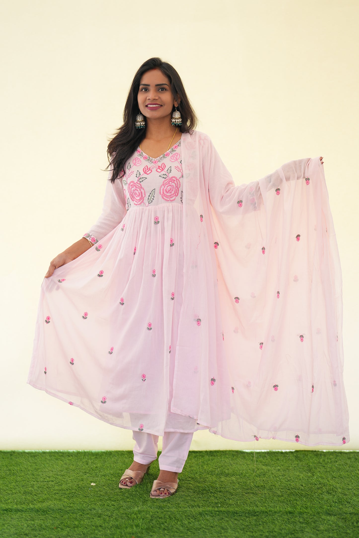 Pink Color Mul Cotton 3 Piece Set with Complete Lining and embroidery Work