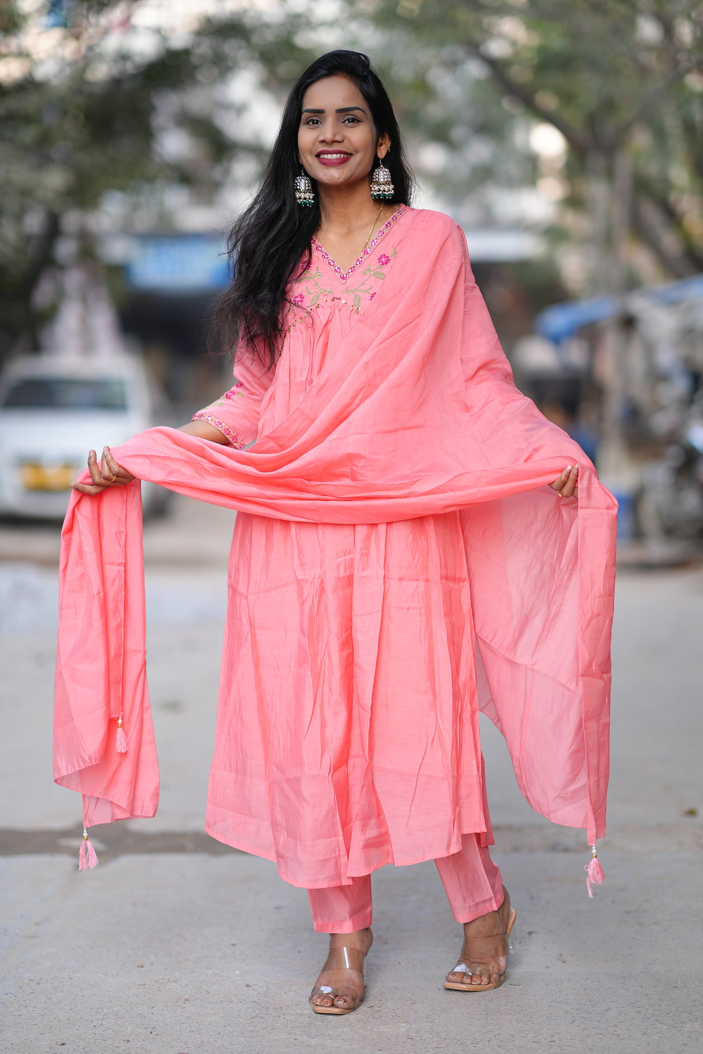 Peach Color Mul Chanderi Festive Wear 3 Piece Set With With Full Lining