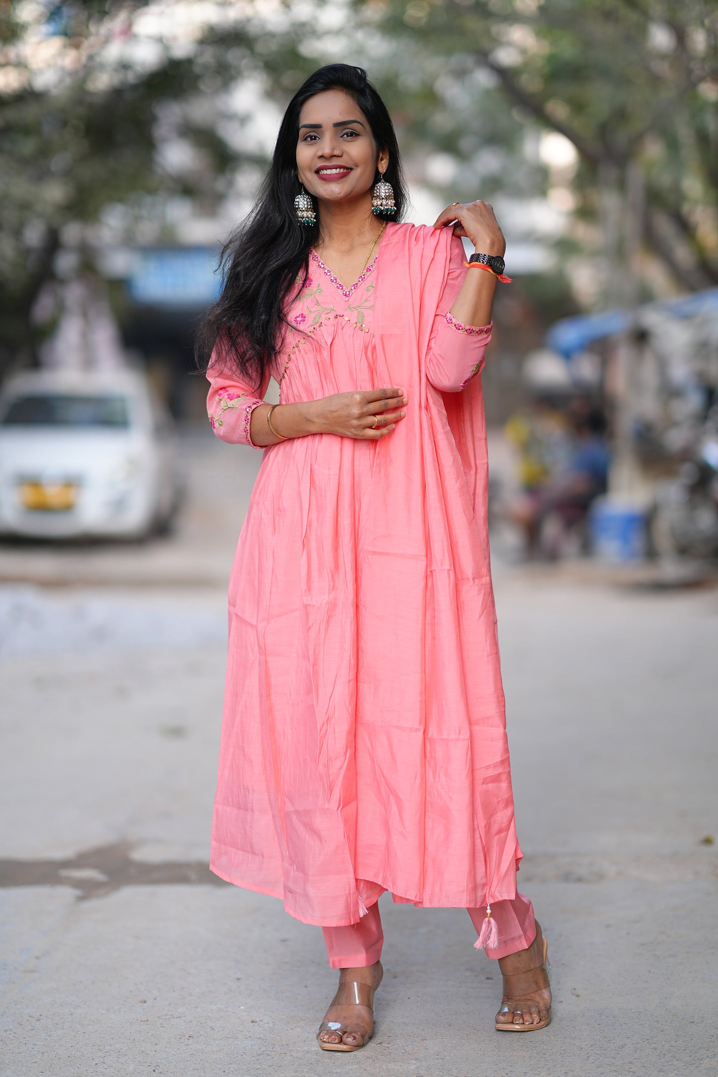 Peach Color Mul Chanderi Festive Wear 3 Piece Set With With Full Lining