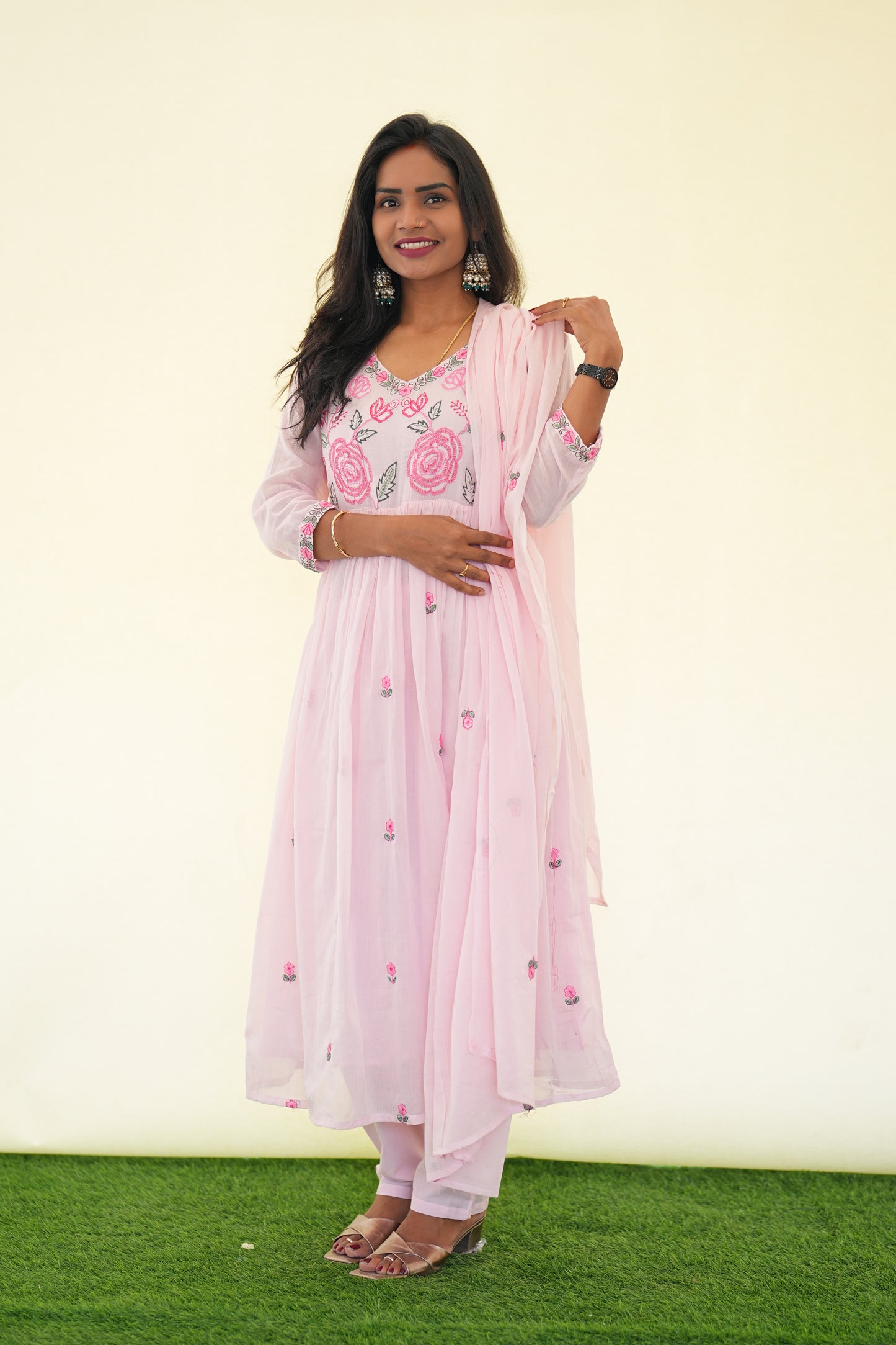 Pink Color Mul Cotton 3 Piece Set with Complete Lining and embroidery Work