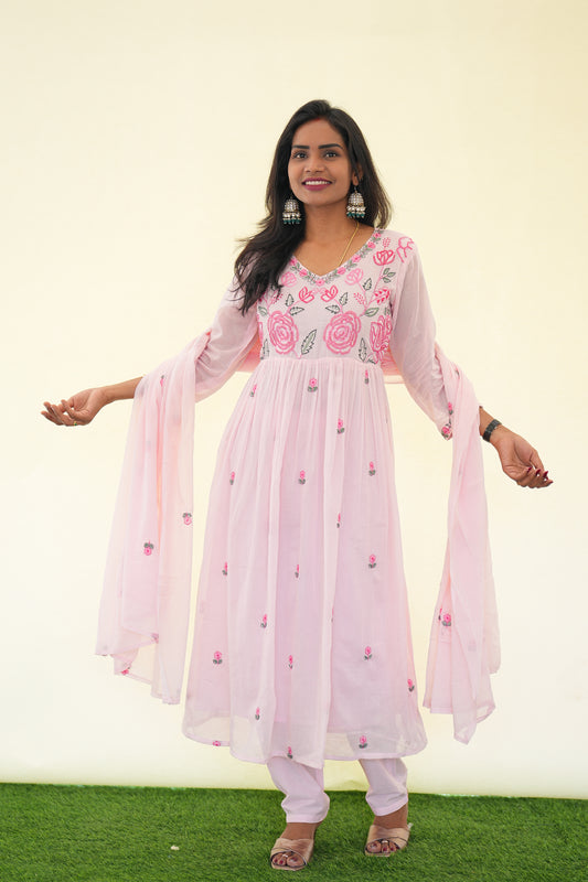 Pink Color Mul Cotton 3 Piece Set with Complete Lining and embroidery Work