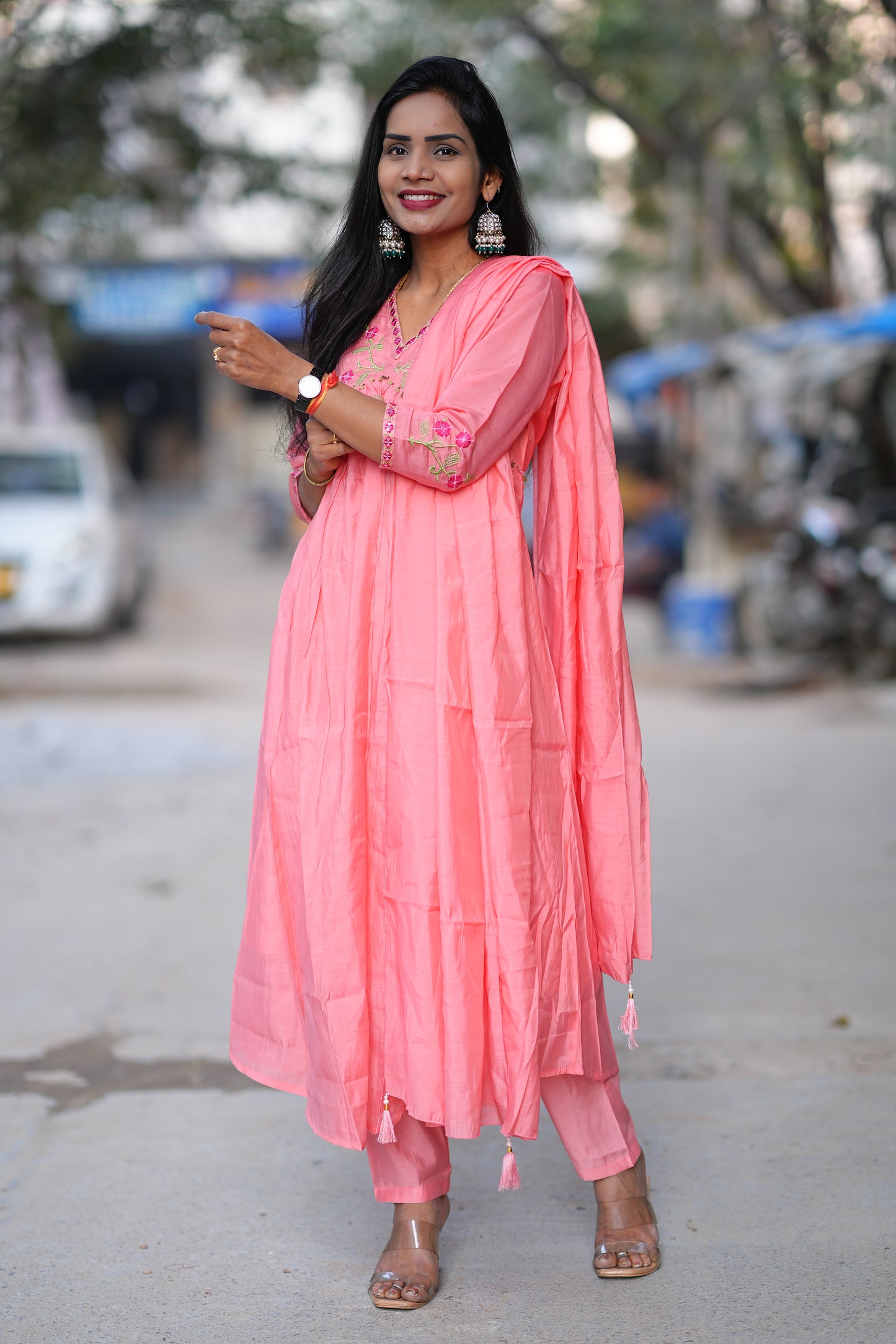 Peach Color Mul Chanderi Festive Wear 3 Piece Set With With Full Lining