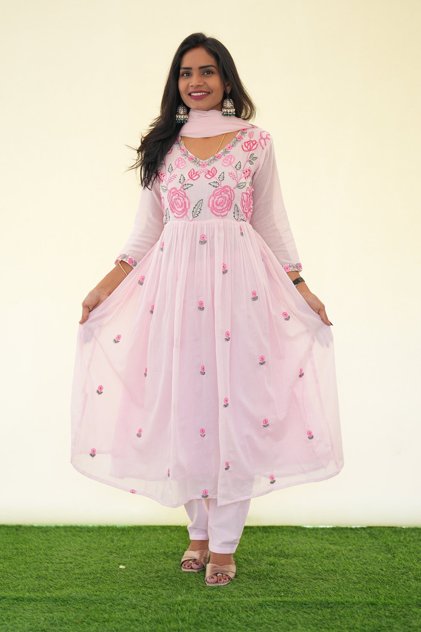 Pink Color Mul Cotton 3 Piece Set with Complete Lining and embroidery Work