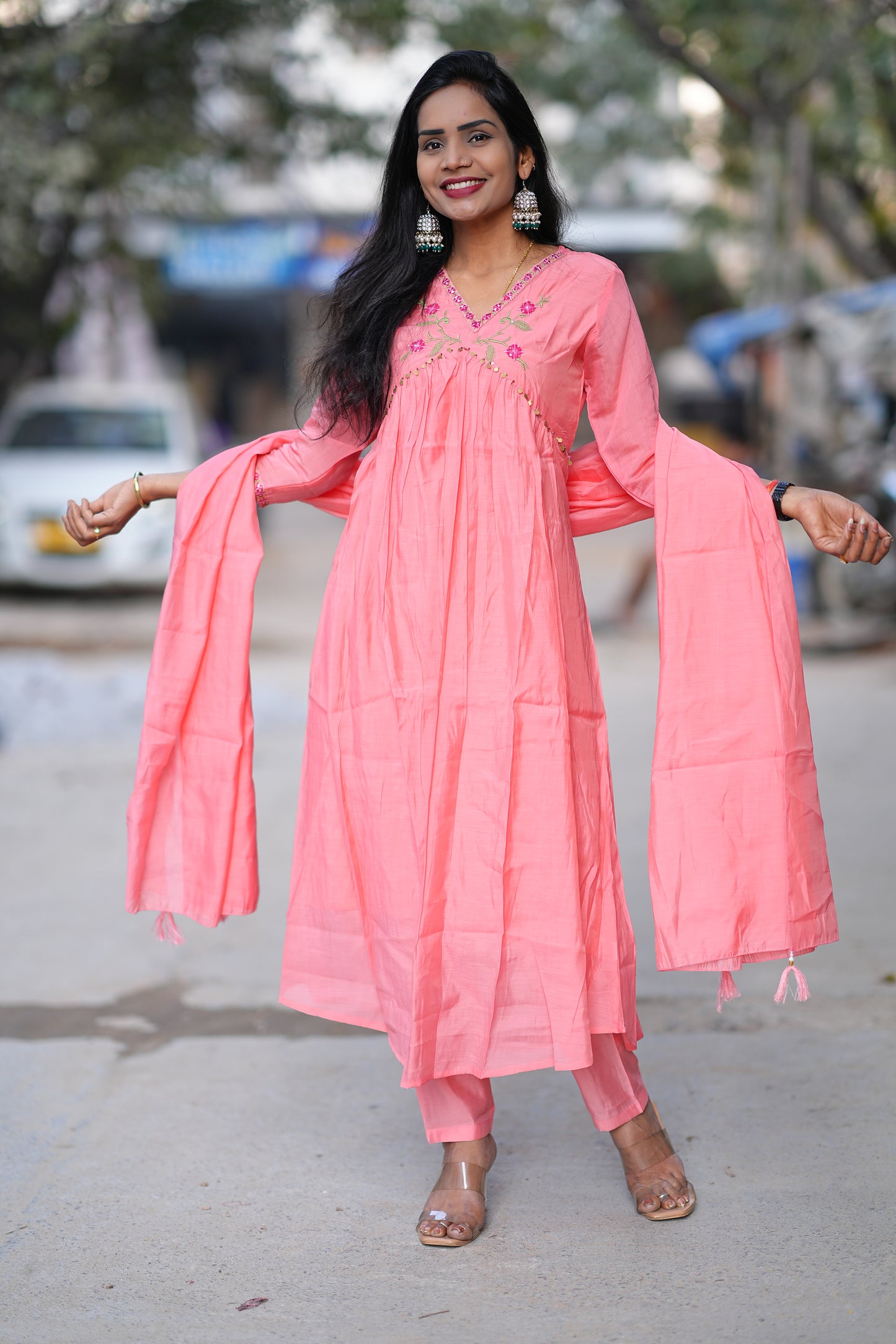 Peach Color Mul Chanderi Festive Wear 3 Piece Set With With Full Lining