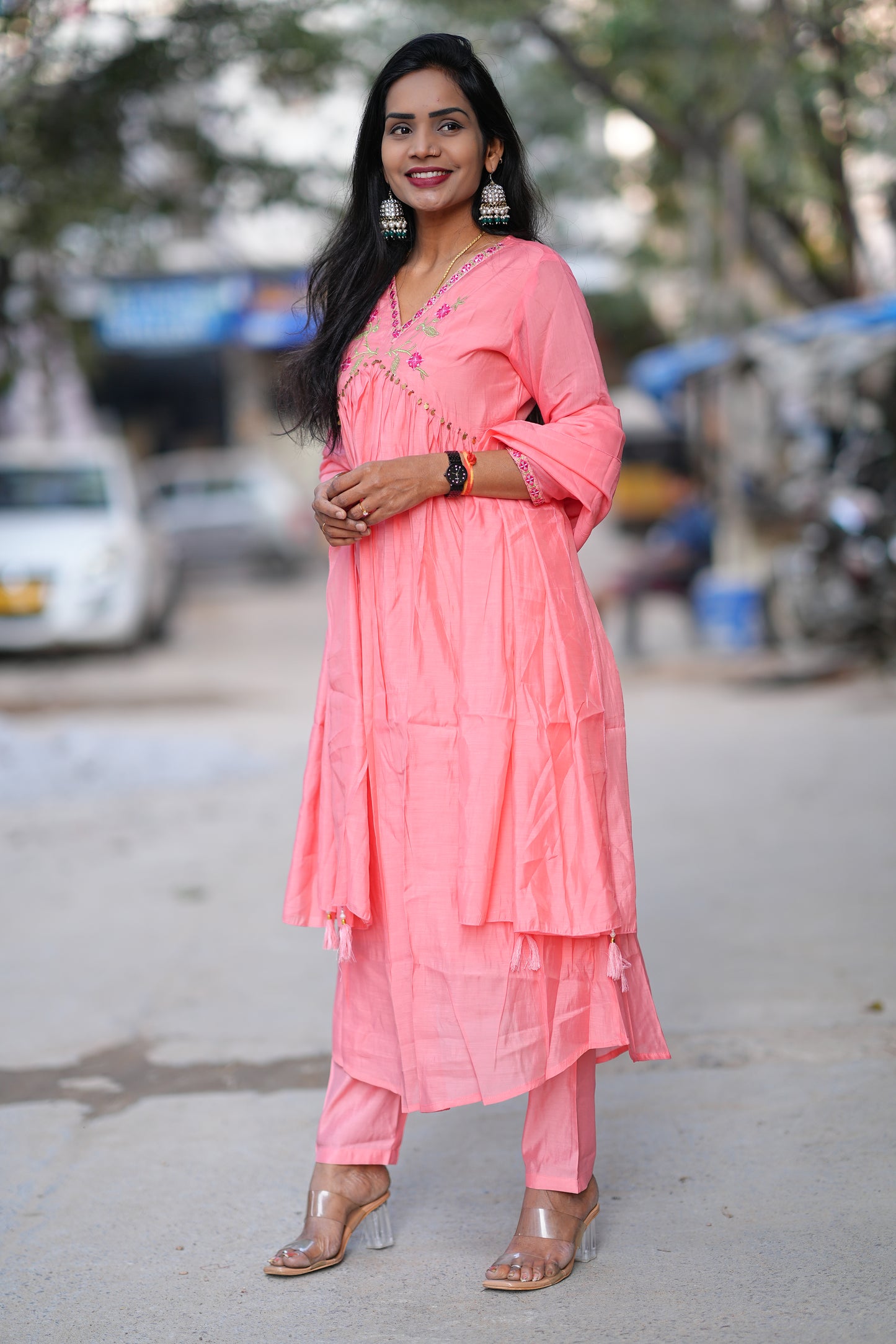 Peach Color Mul Chanderi Festive Wear 3 Piece Set With With Full Lining