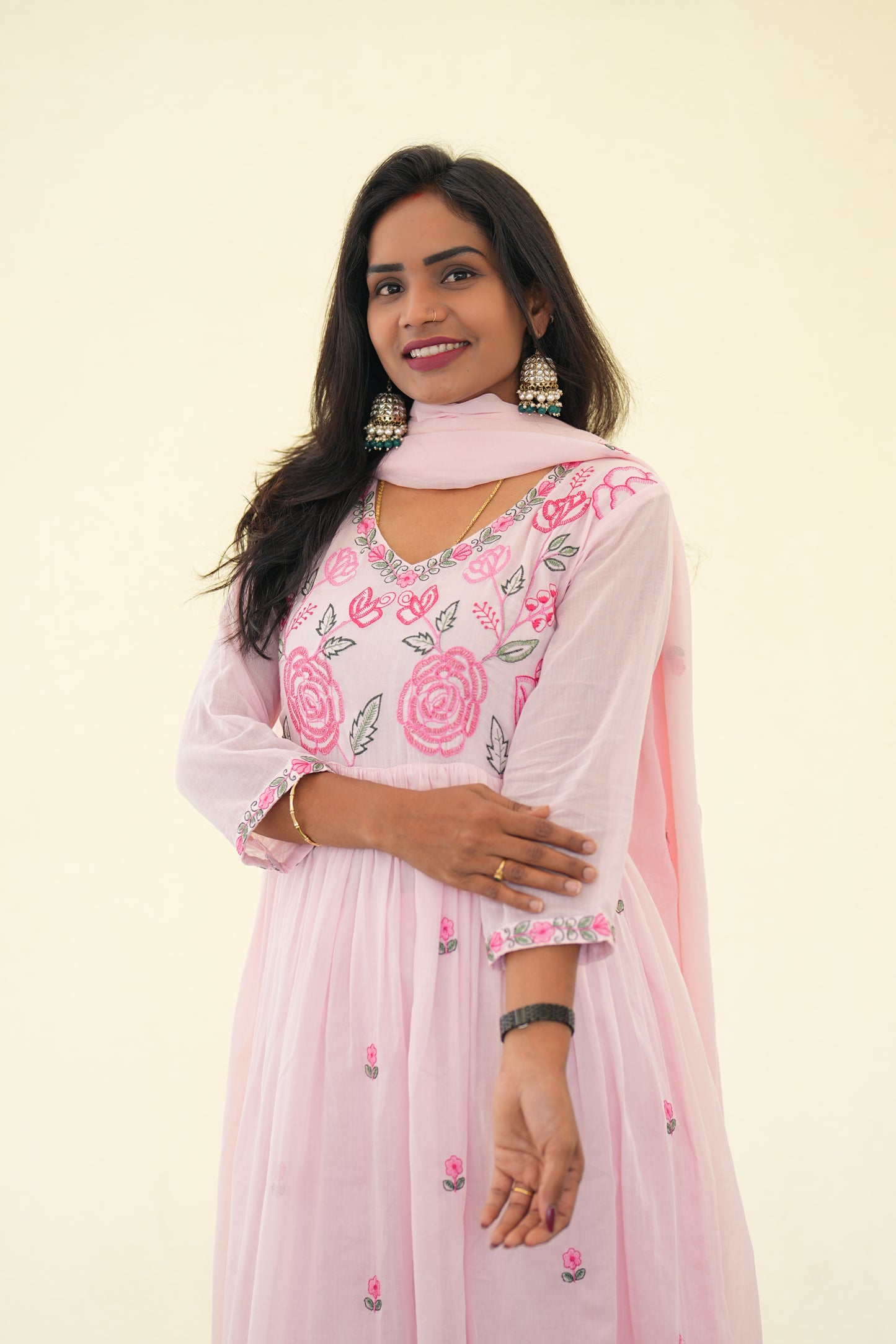 Pink Color Mul Cotton 3 Piece Set with Complete Lining and embroidery Work