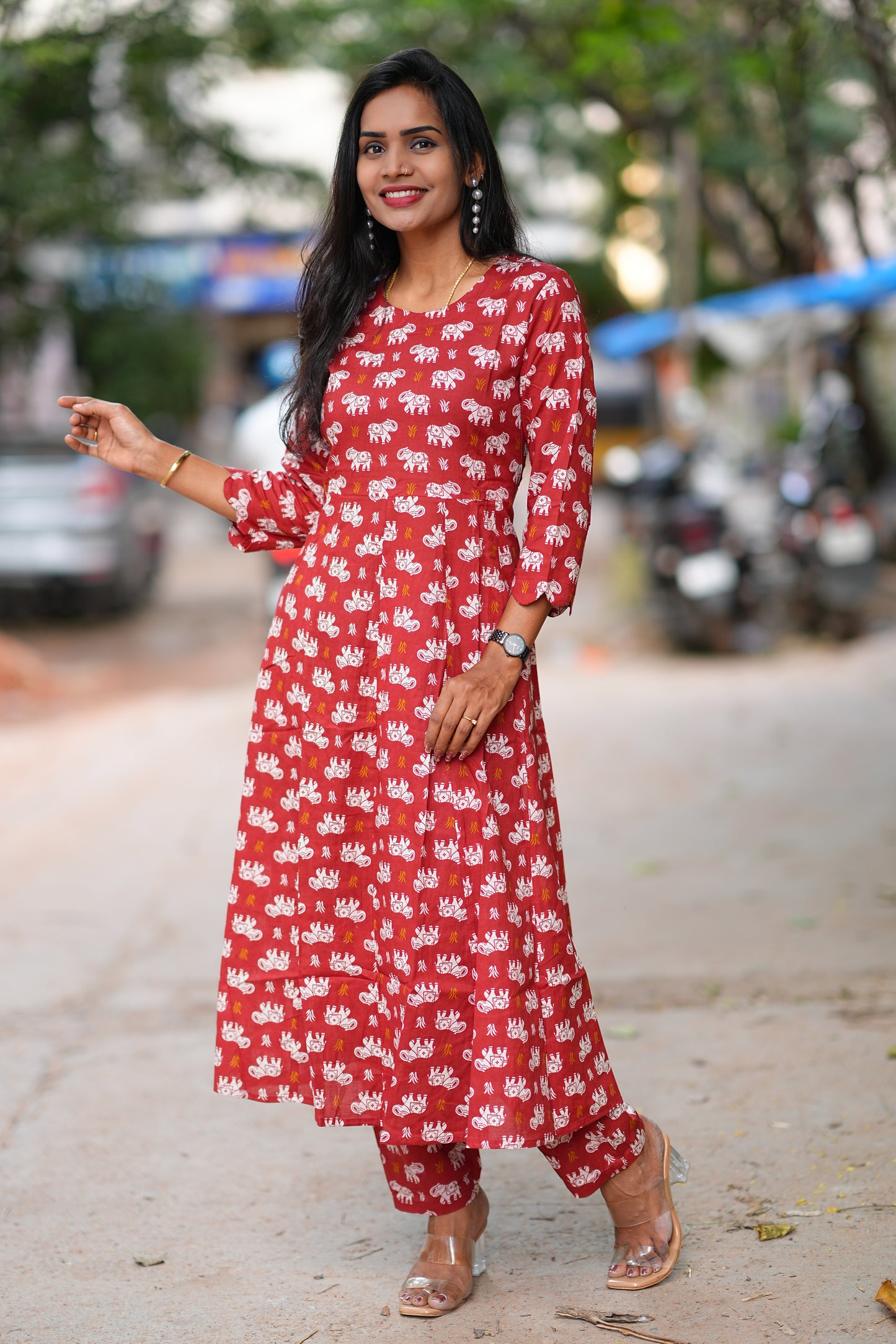 Red Color Kali Pattern Cord Set With Kalamkari Print