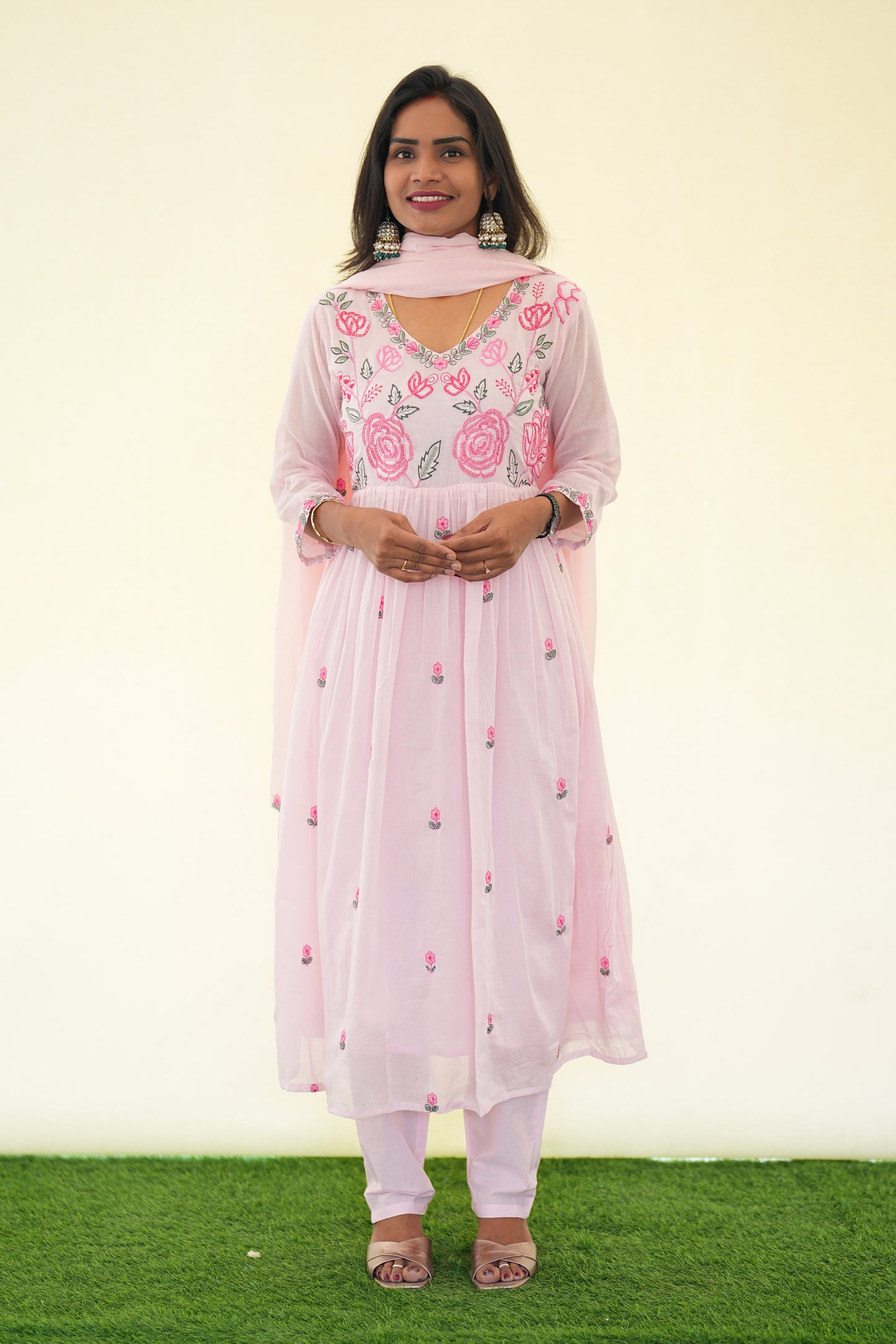 Pink Color Mul Cotton 3 Piece Set with Complete Lining and embroidery Work