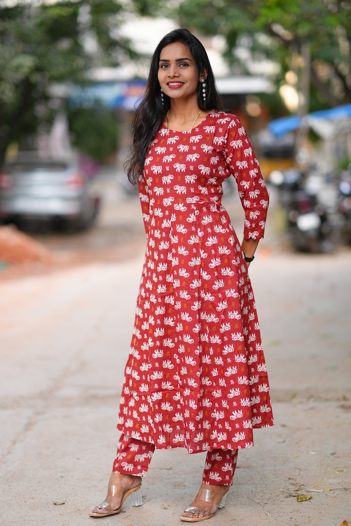 Red Color Kali Pattern Cord Set With Kalamkari Print