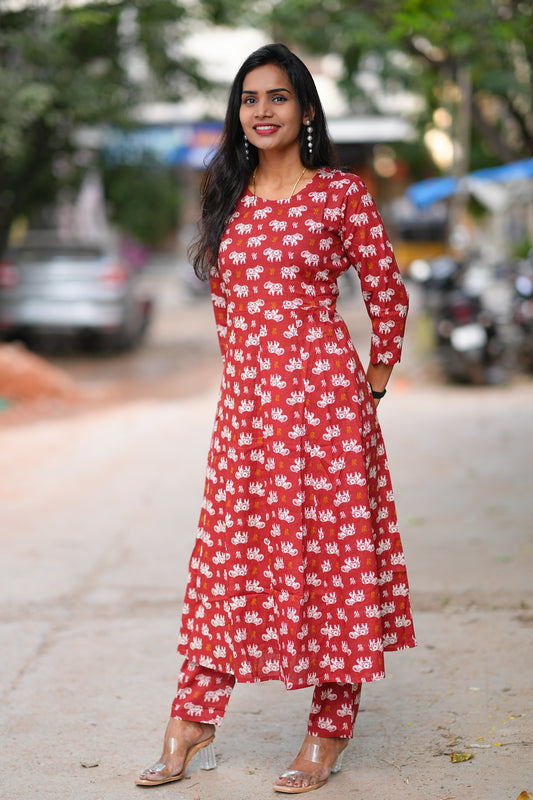 Red Color Kali Pattern Cord Set With Kalamkari Print