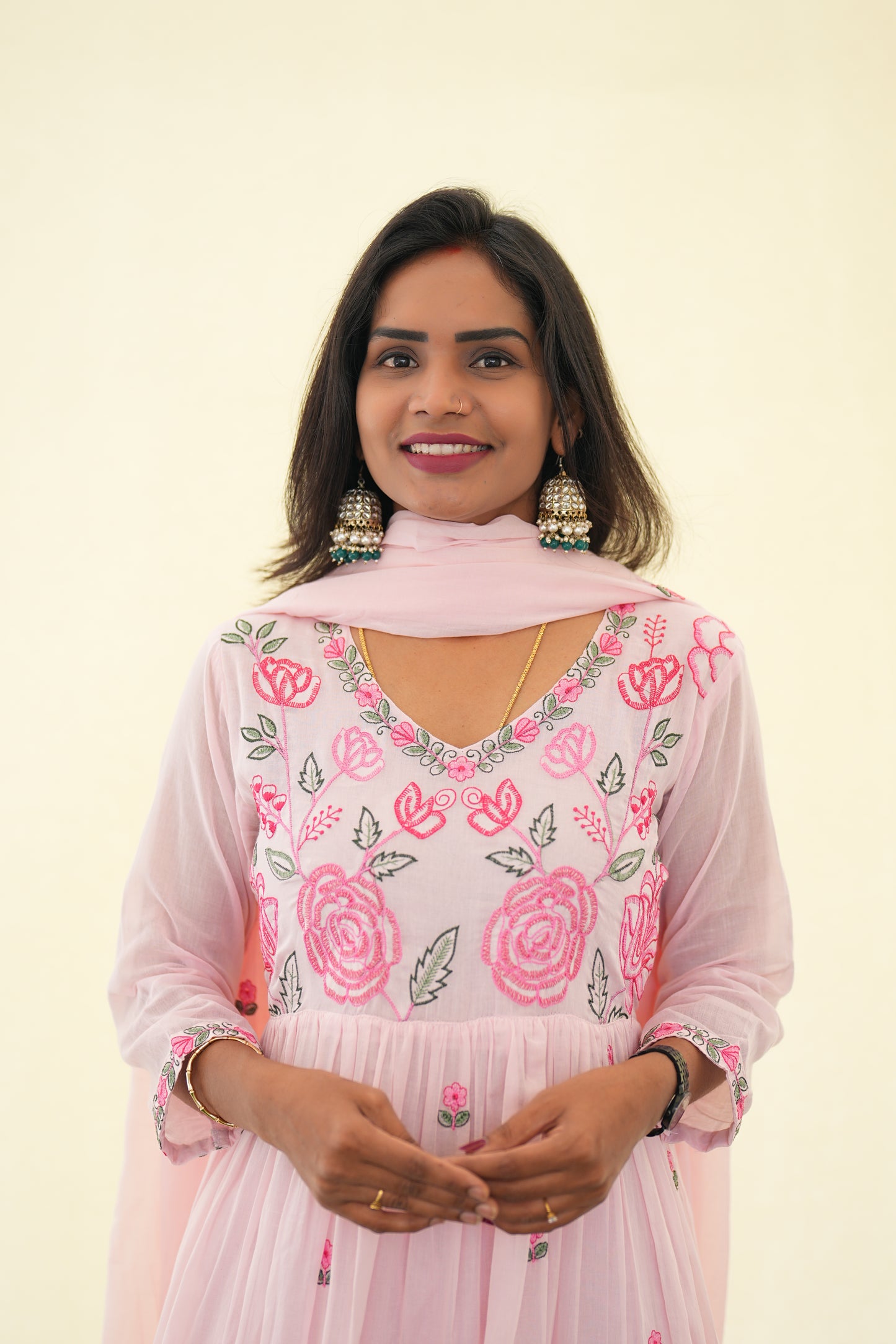 Pink Color Mul Cotton 3 Piece Set with Complete Lining and embroidery Work