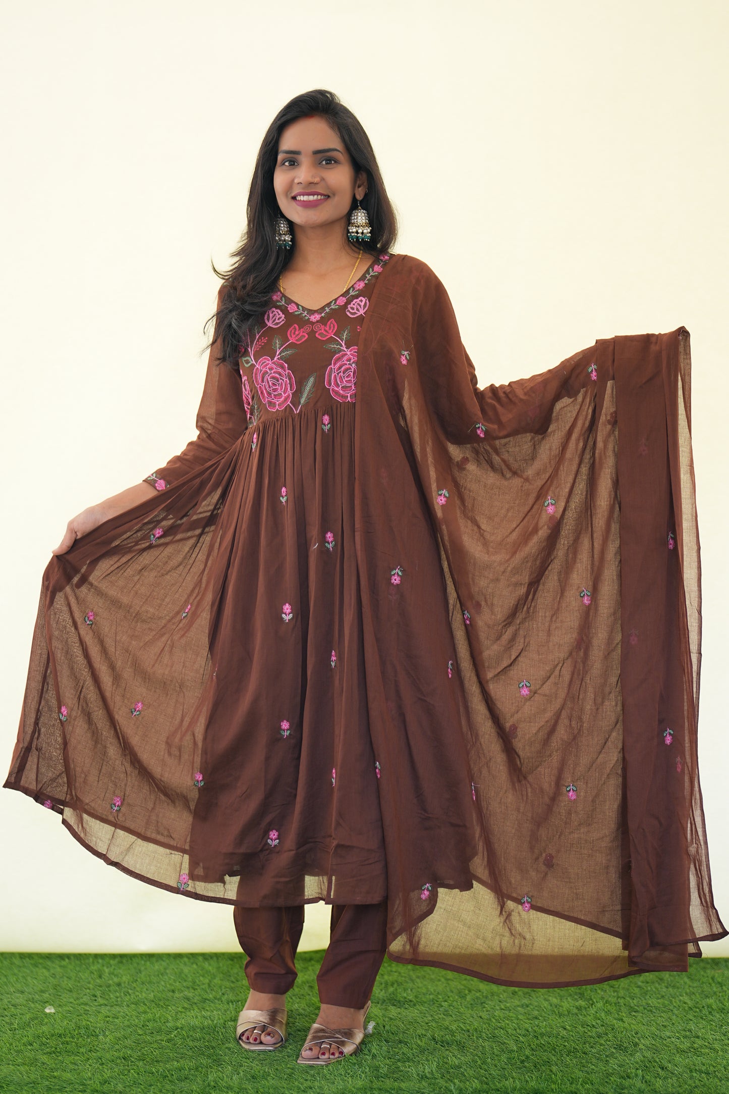 Brown Color Mul Cotton 3 Piece Set with Complete Lining and embroidery Work