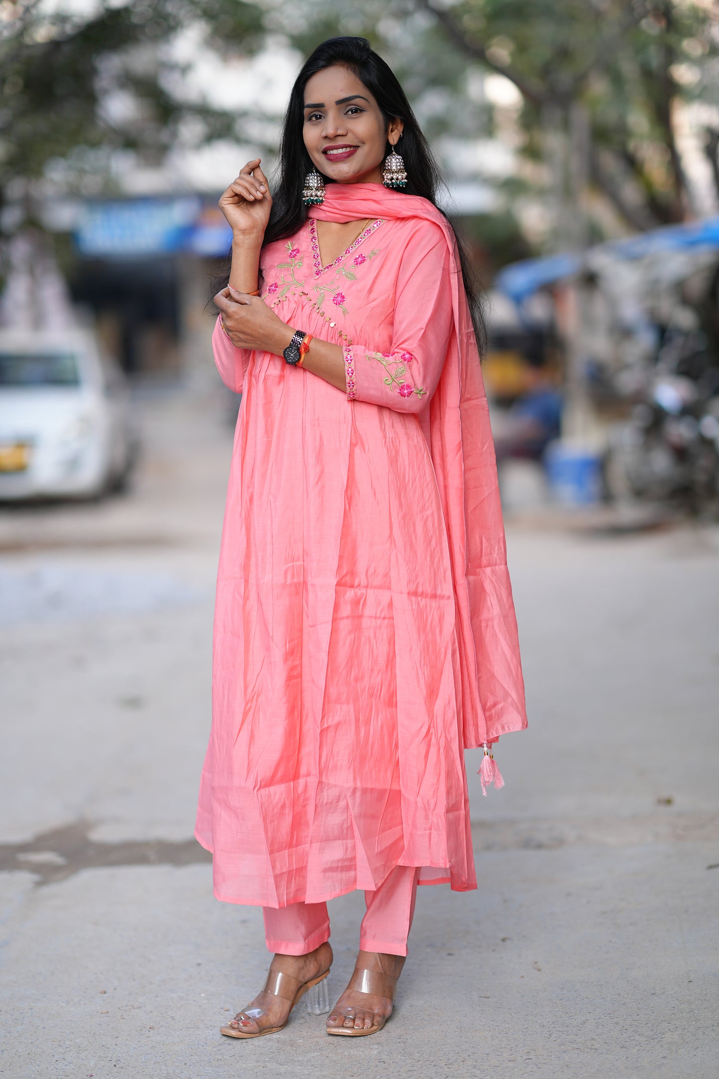 Peach Color Mul Chanderi Festive Wear 3 Piece Set With With Full Lining