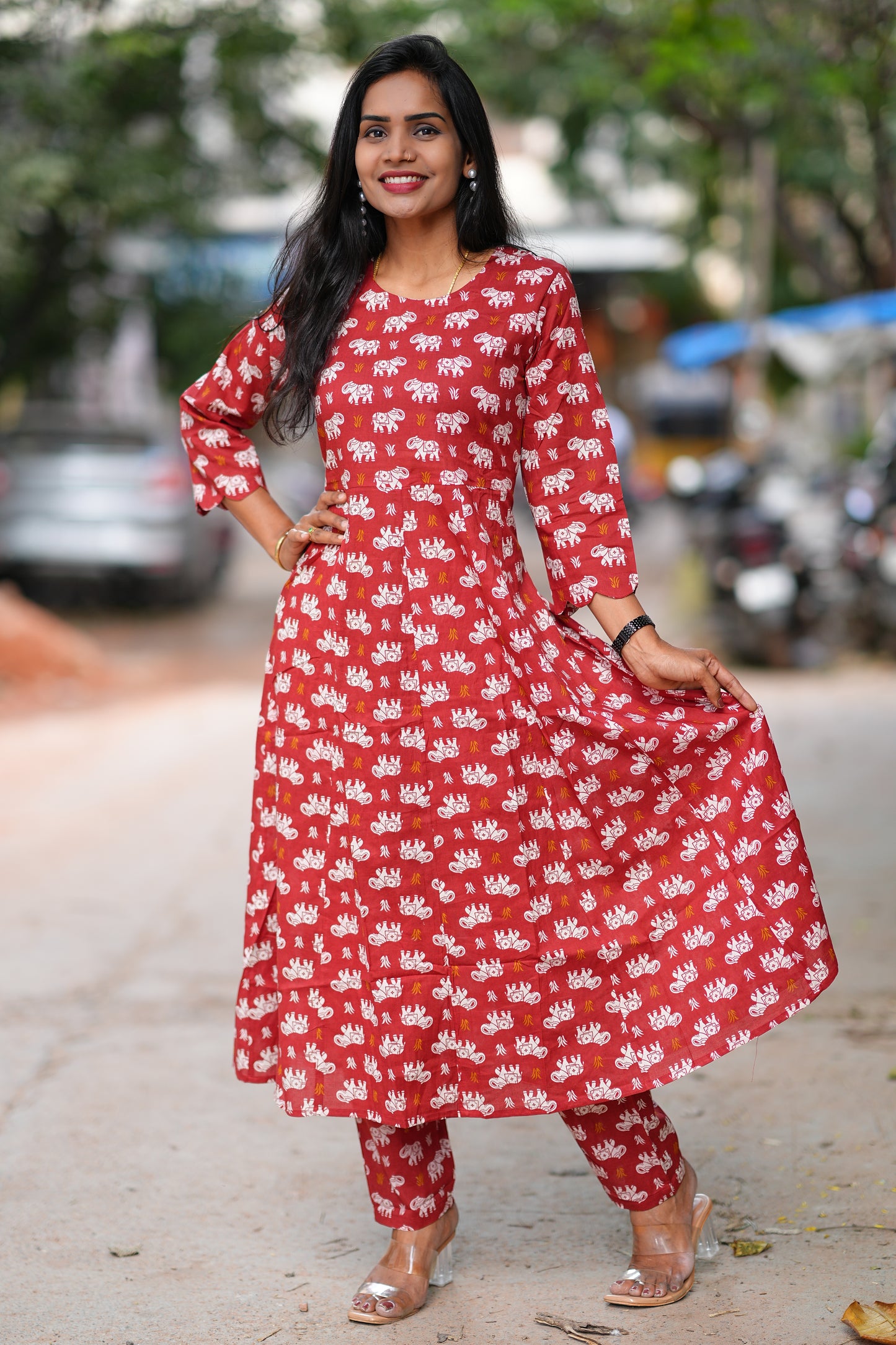 Red Color Kali Pattern Cord Set With Kalamkari Print