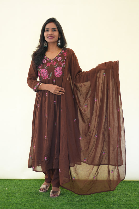 Brown Color Mul Cotton 3 Piece Set with Complete Lining and embroidery Work