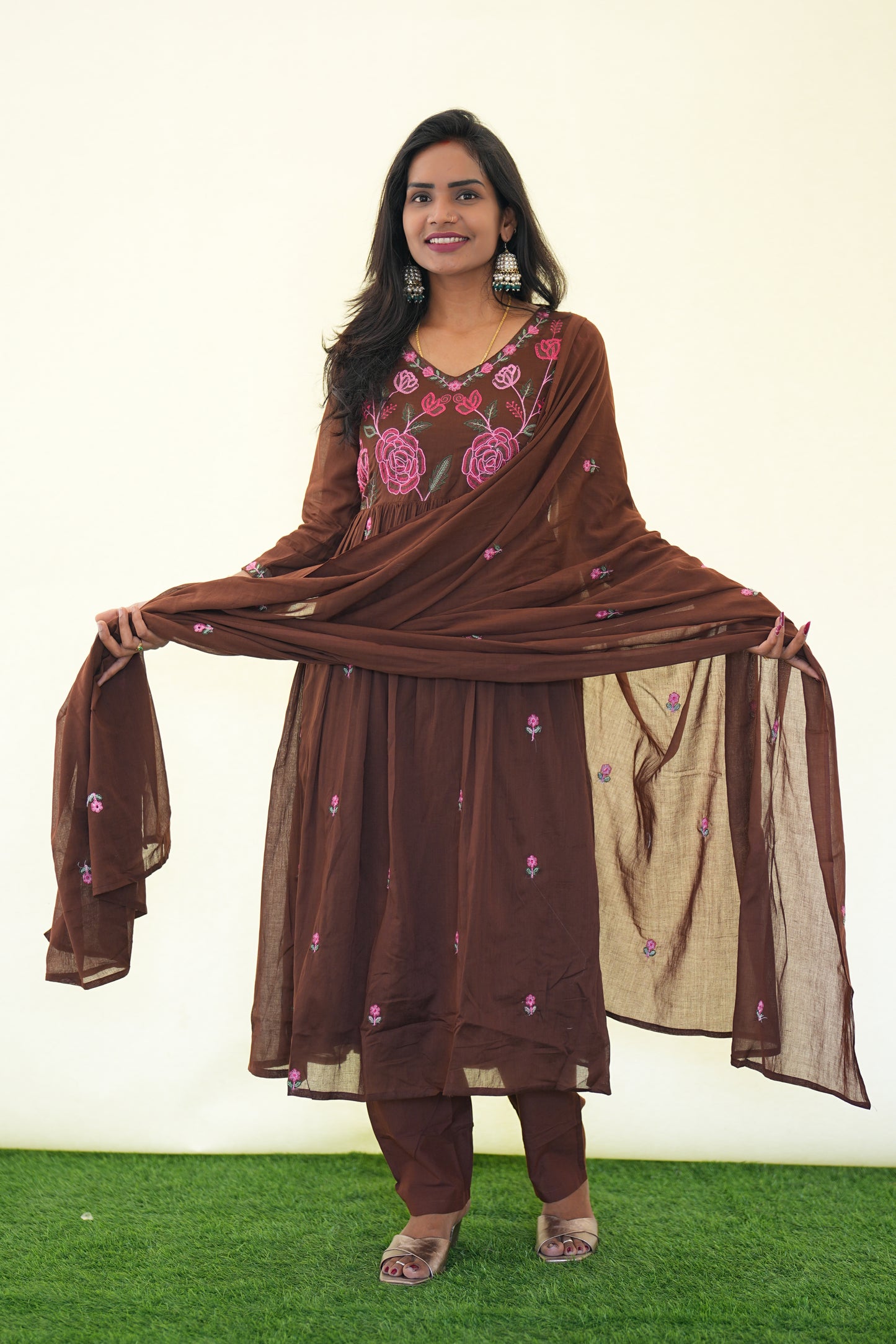 Brown Color Mul Cotton 3 Piece Set with Complete Lining and embroidery Work
