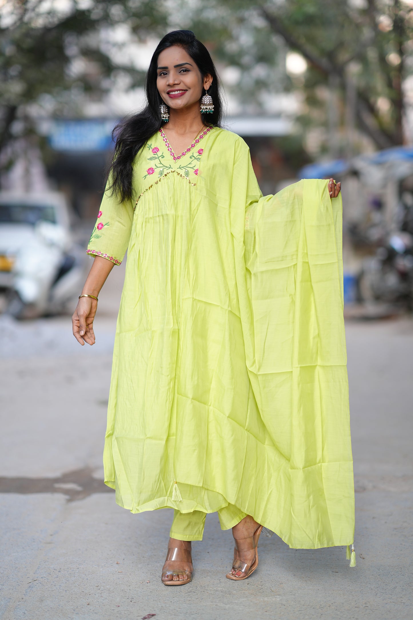 Parrot Green Color Mul Chanderi Festive Wear 3 Piece Set With With Full Lining