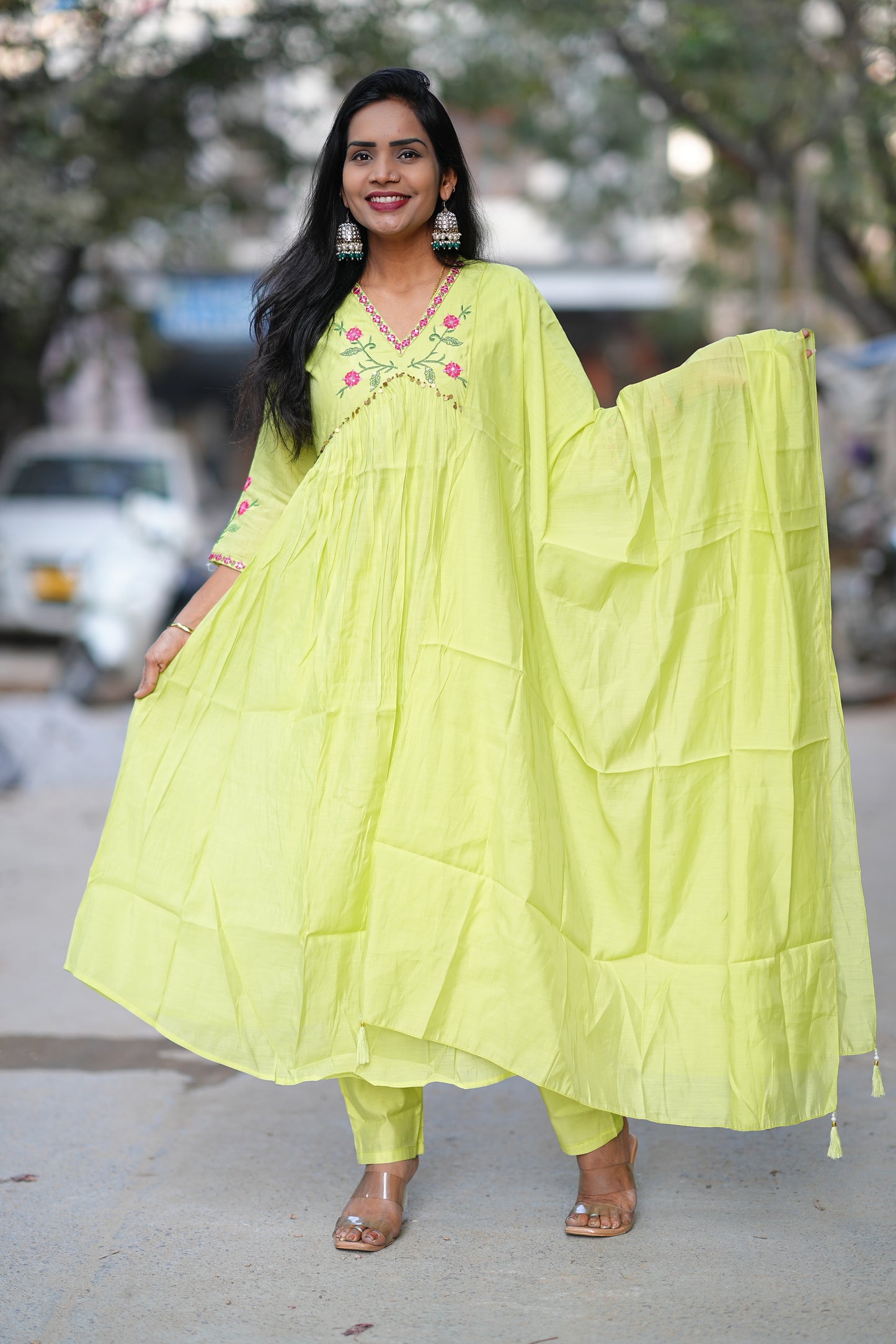 Parrot Green Color Mul Chanderi Festive Wear 3 Piece Set With With Full Lining