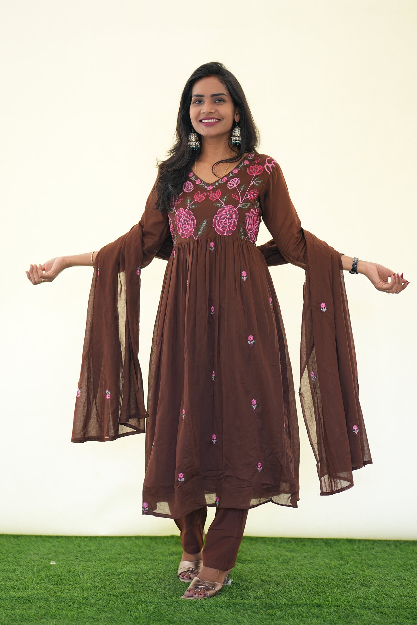 Brown Color Mul Cotton 3 Piece Set with Complete Lining and embroidery Work