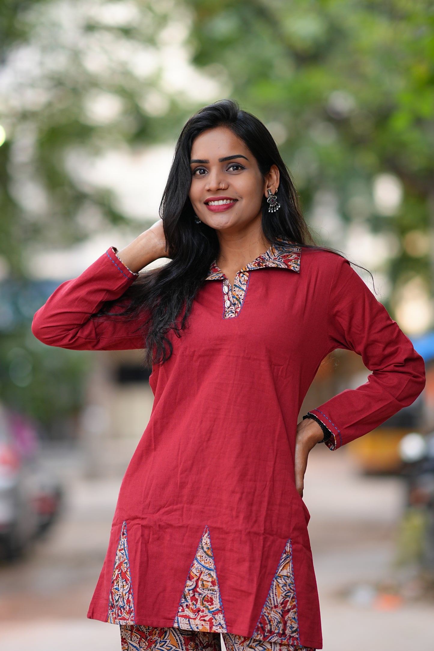 Red Color Kali Pattern Kalamkari Print Cord Set