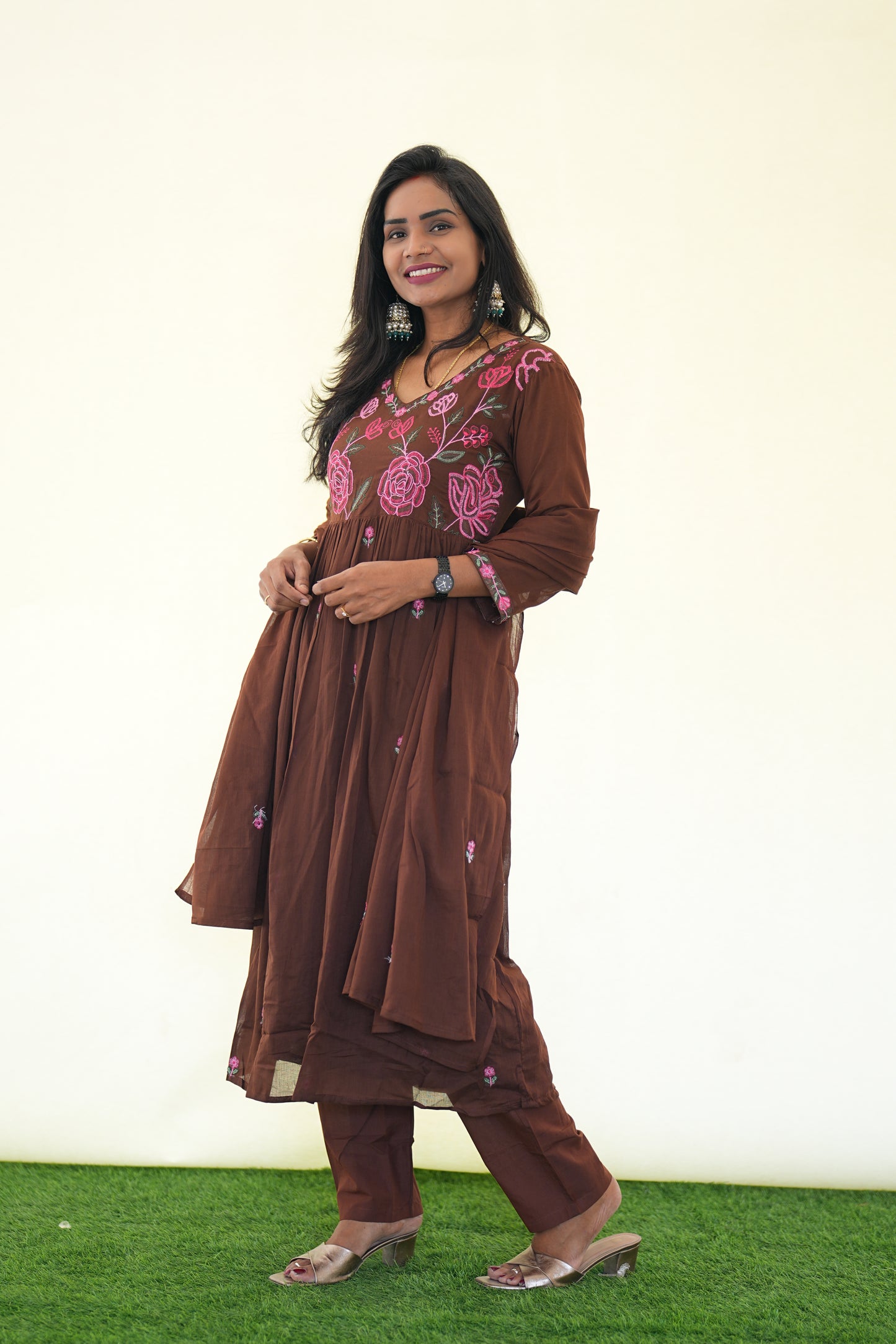 Brown Color Mul Cotton 3 Piece Set with Complete Lining and embroidery Work