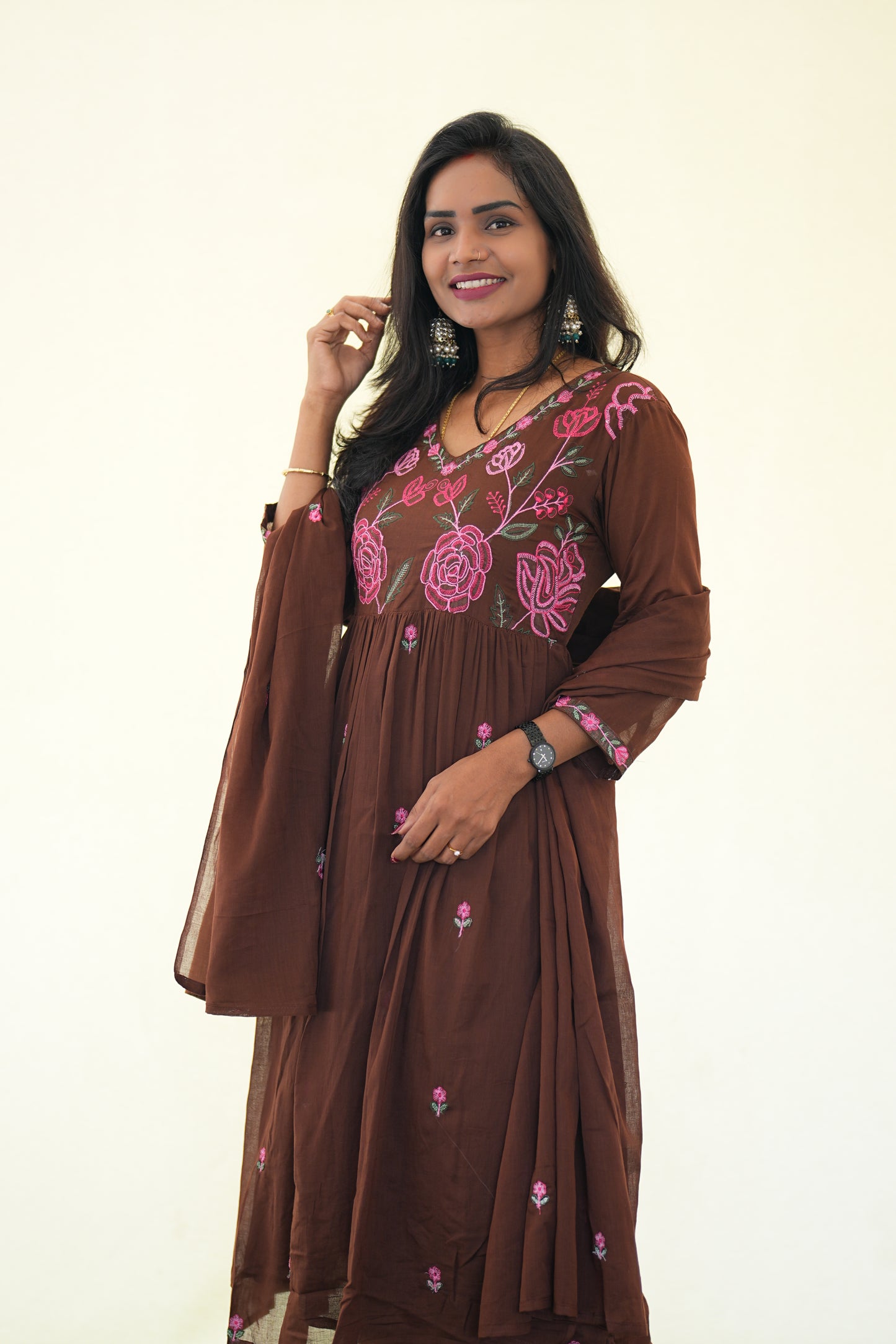 Brown Color Mul Cotton 3 Piece Set with Complete Lining and embroidery Work