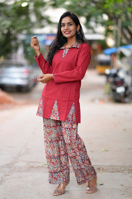 Red Color Kali Pattern Kalamkari Print Cord Set