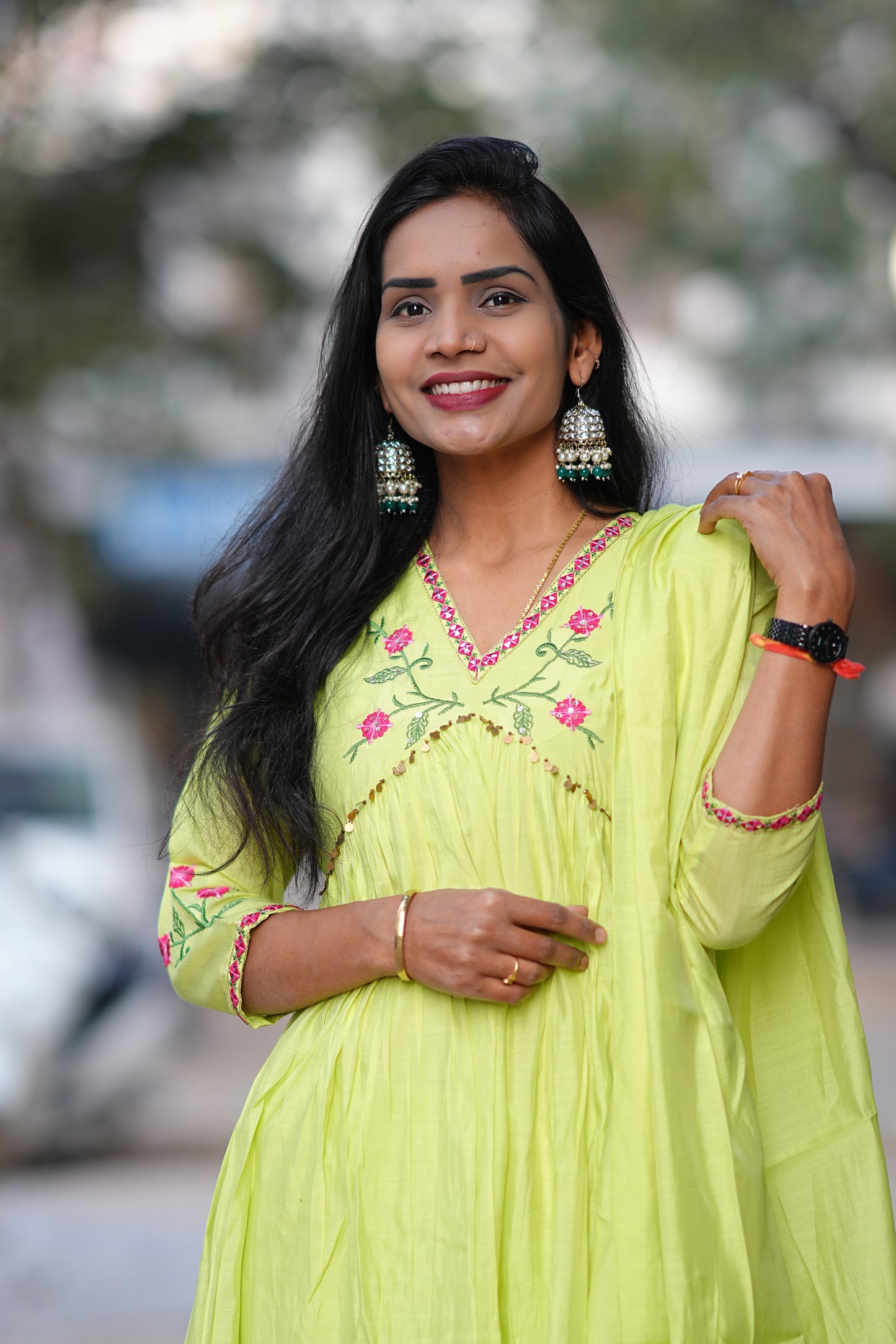 Parrot Green Color Mul Chanderi Festive Wear 3 Piece Set With With Full Lining