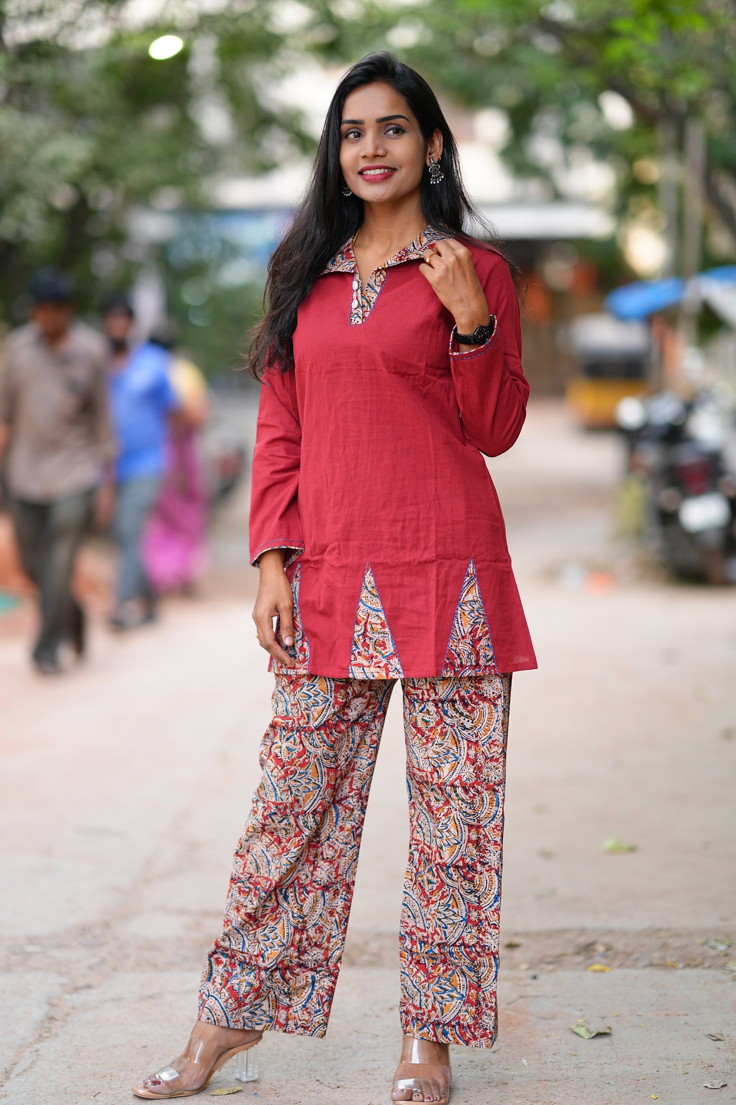 Red Color Kali Pattern Kalamkari Print Cord Set