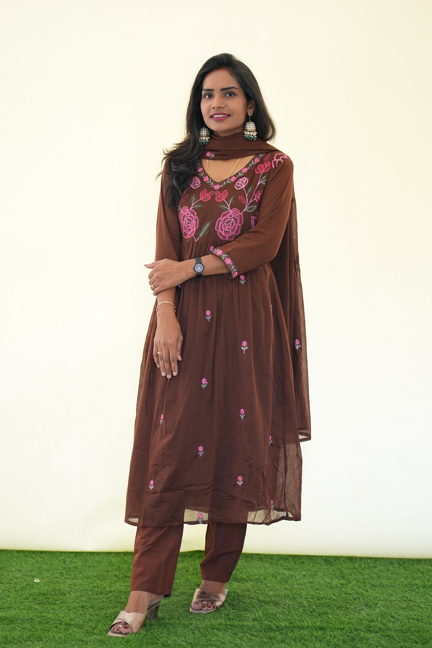 Brown Color Mul Cotton 3 Piece Set with Complete Lining and embroidery Work