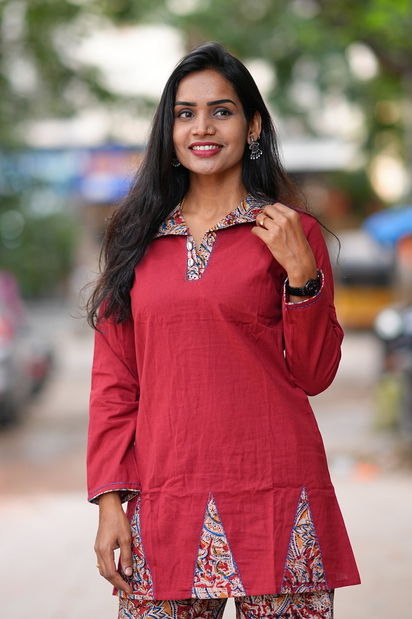 Red Color Kali Pattern Kalamkari Print Cord Set