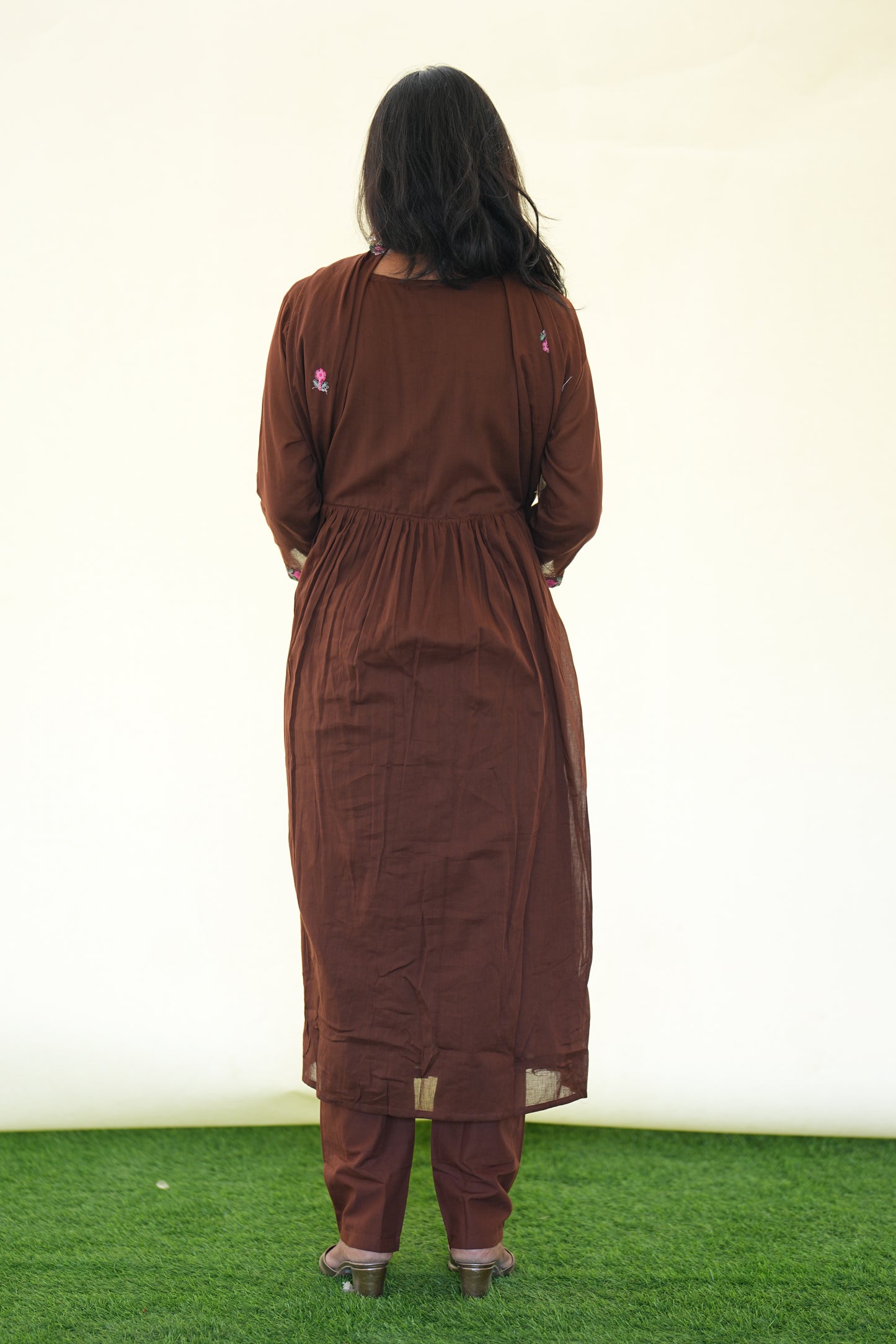 Brown Color Mul Cotton 3 Piece Set with Complete Lining and embroidery Work