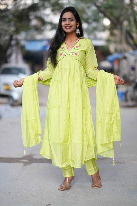 Parrot Green Color Mul Chanderi Festive Wear 3 Piece Set With With Full Lining