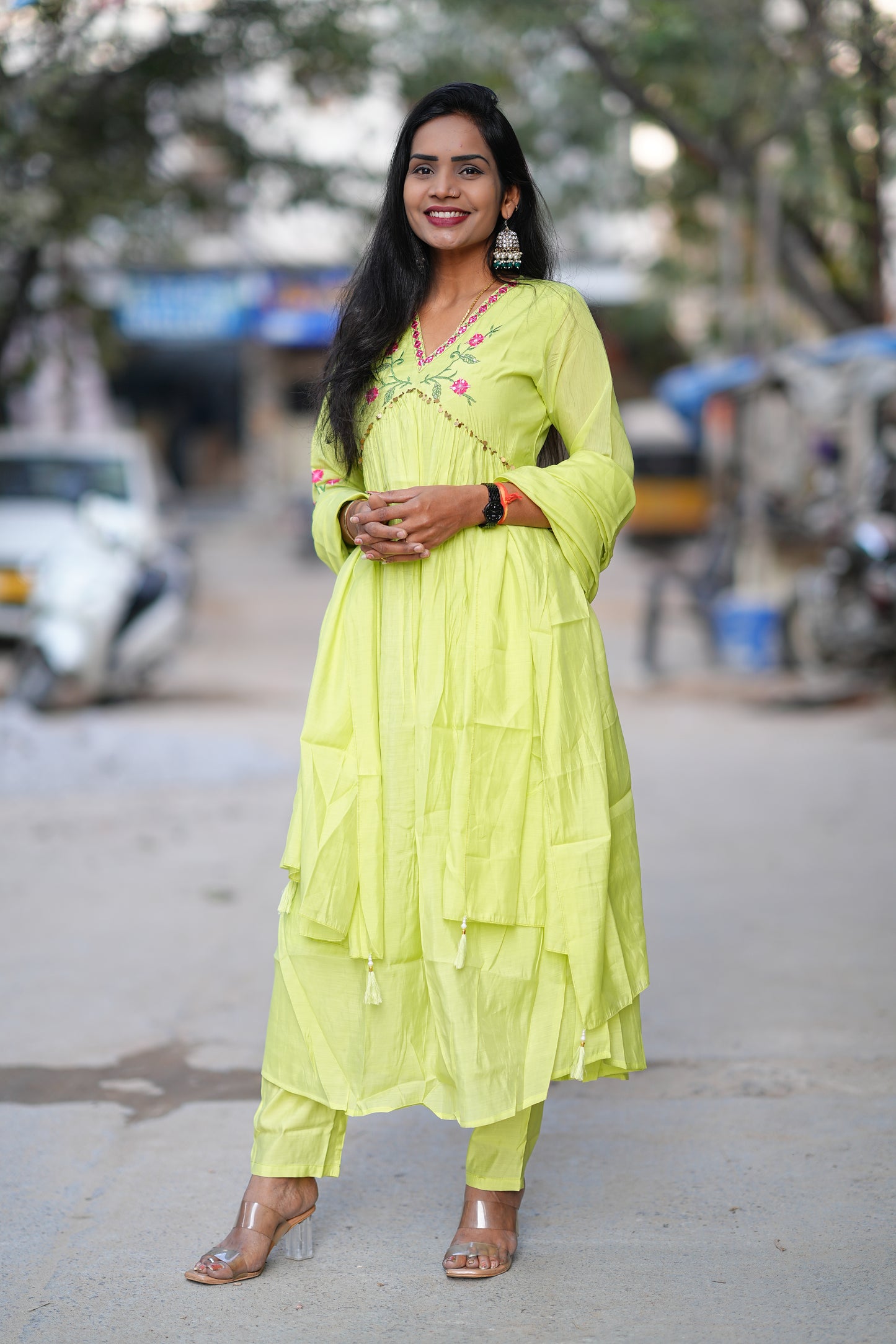 Parrot Green Color Mul Chanderi Festive Wear 3 Piece Set With With Full Lining